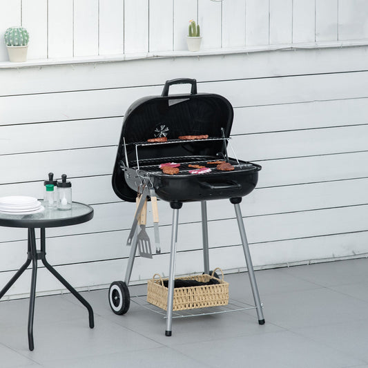 Outsunny Portable BBQ Charcoal Grill with 2 Wheels and Cooking Utensils, Smoker Grill with Lid for Outdoor Barbecues, Camping, Picnic, Courtyard