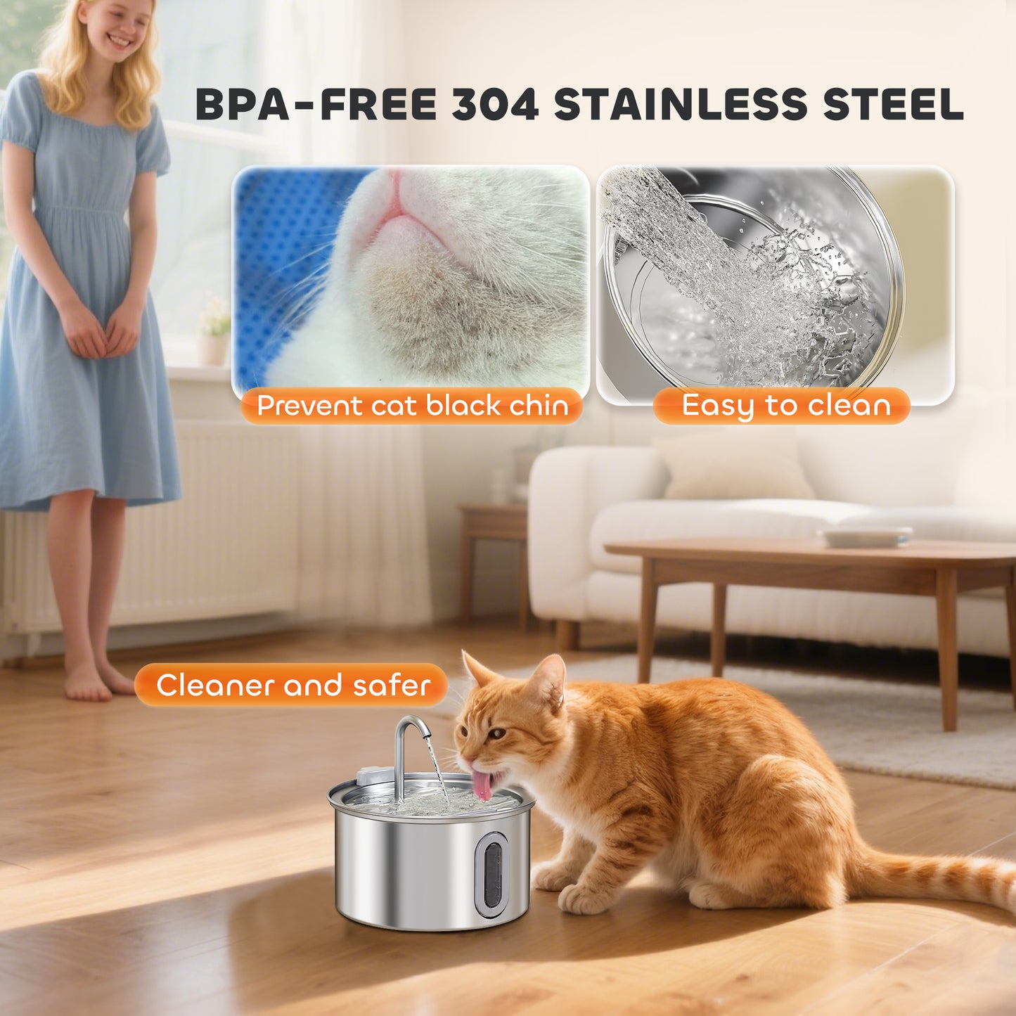 PawHut 2.5L Stainless Steel Cat Water Fountain for Drinking with Ultra-Silent Pump, Water-Level Window, Filters