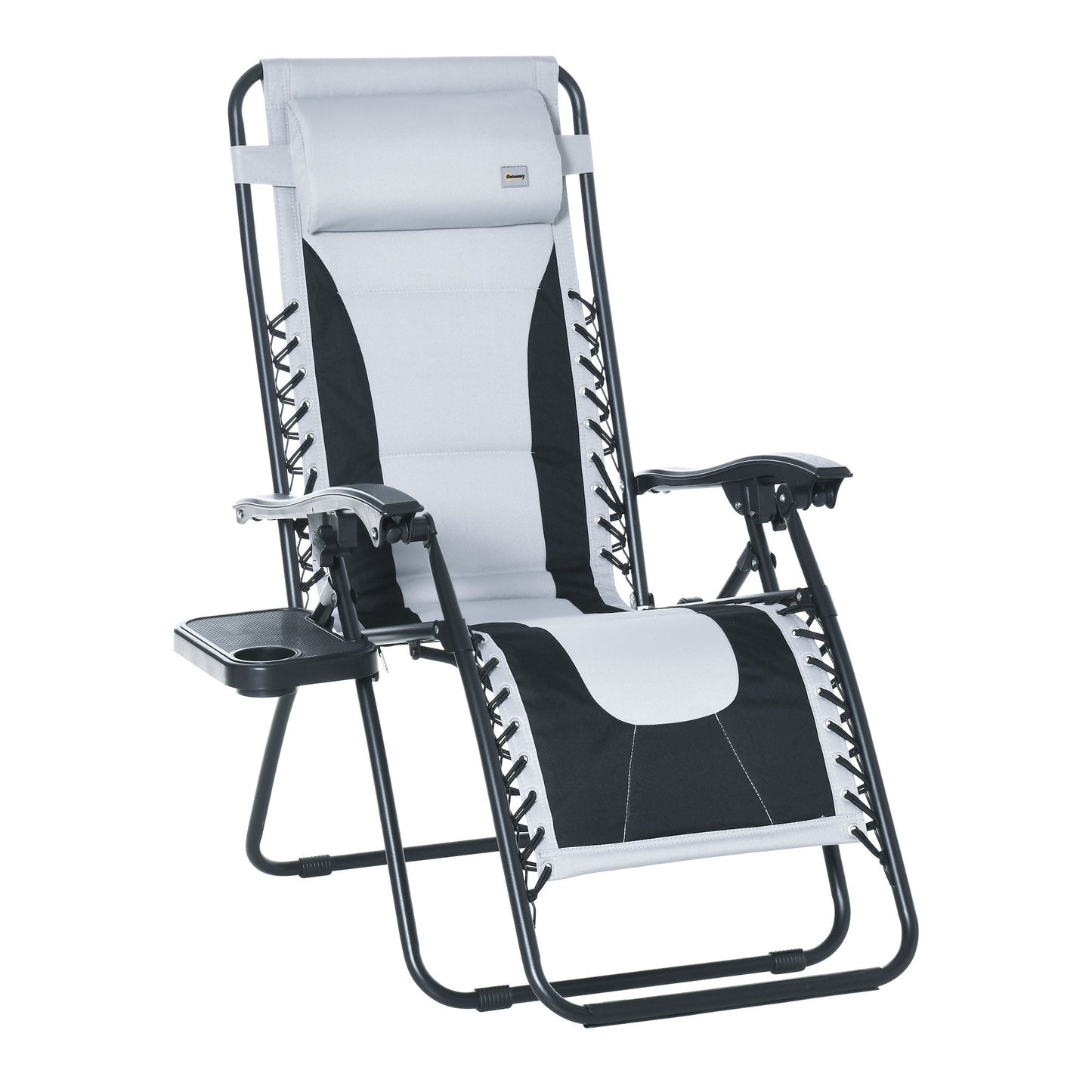 Outsunny Zero Gravity Lounger Chair, składany rozkładany fotel ogrodowy z wyściełanym siedziskiem, uchwytem na kubek, miękką poduszką i zagłówkiem do użytku przy basenie, kempingowy, jasnoszary