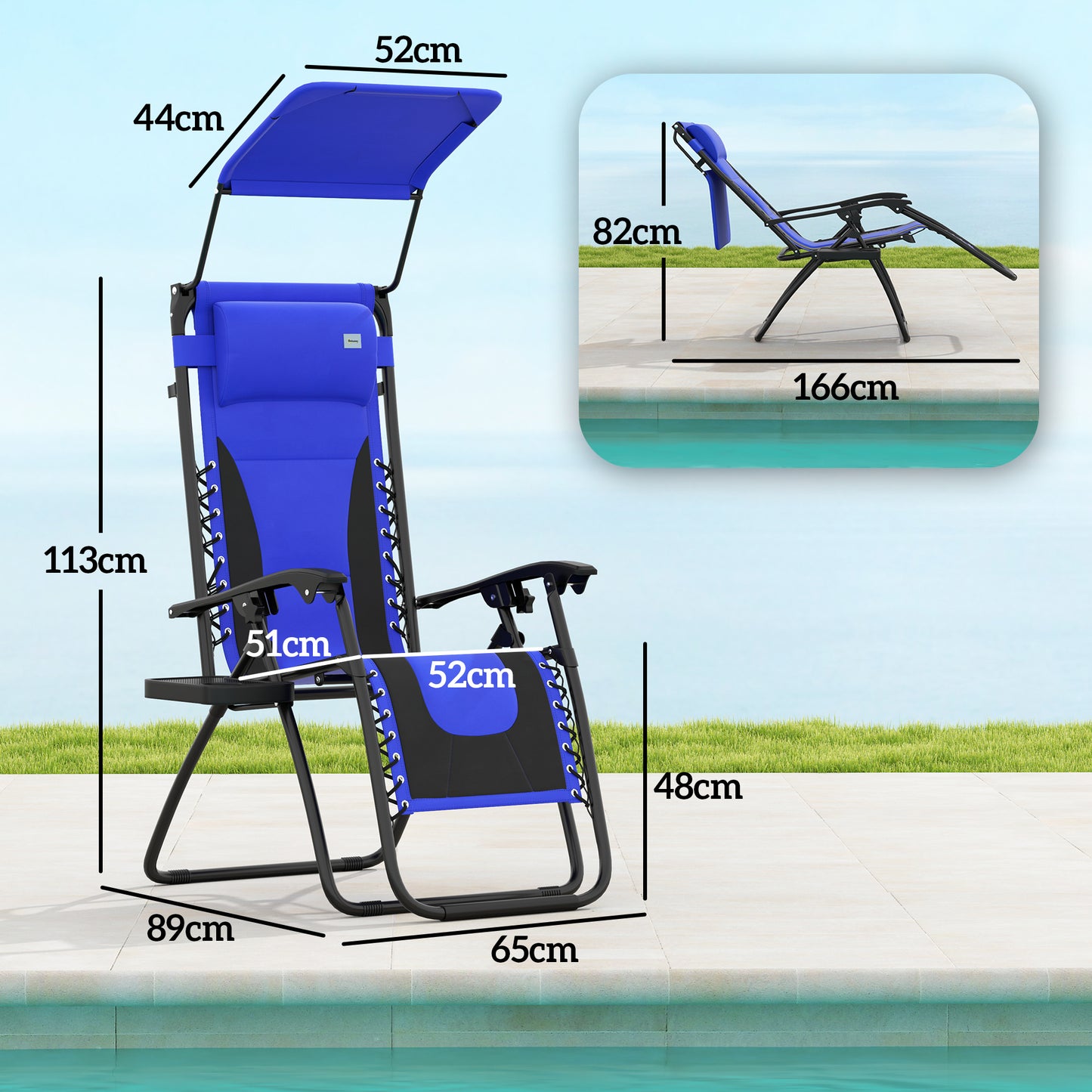 Zestaw 2 składanych leżaków Outsunny Zero Gravity, rozkładany leżak ogrodowy z osłoną przeciwsłoneczną, uchwytem na kubek, miękką poduszką i zagłówkiem, do użytku przy basenie, kempingowy, niebieski