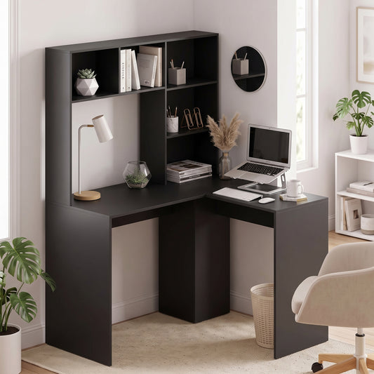 HOMCOM Modern Corner Computer Desk, L Shaped Desk with Monitor Stand and Storage Shelves for Home Office, Bedroom, Black