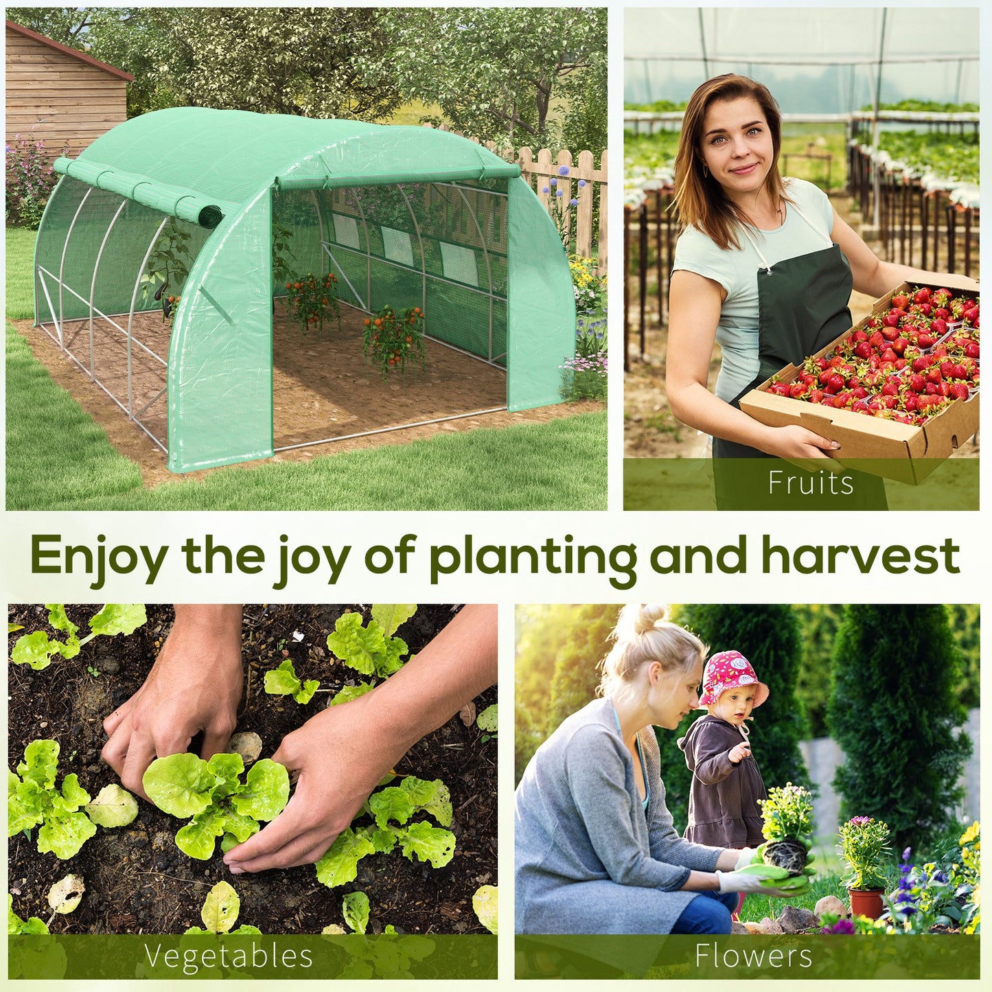 Outsunny Polytunnel Greenhouse Walk-in Grow House Tent z rolowanymi ścianami bocznymi, drzwiami zamykanymi na zamek błyskawiczny i 8 oknami, 4x3x2m, zielony