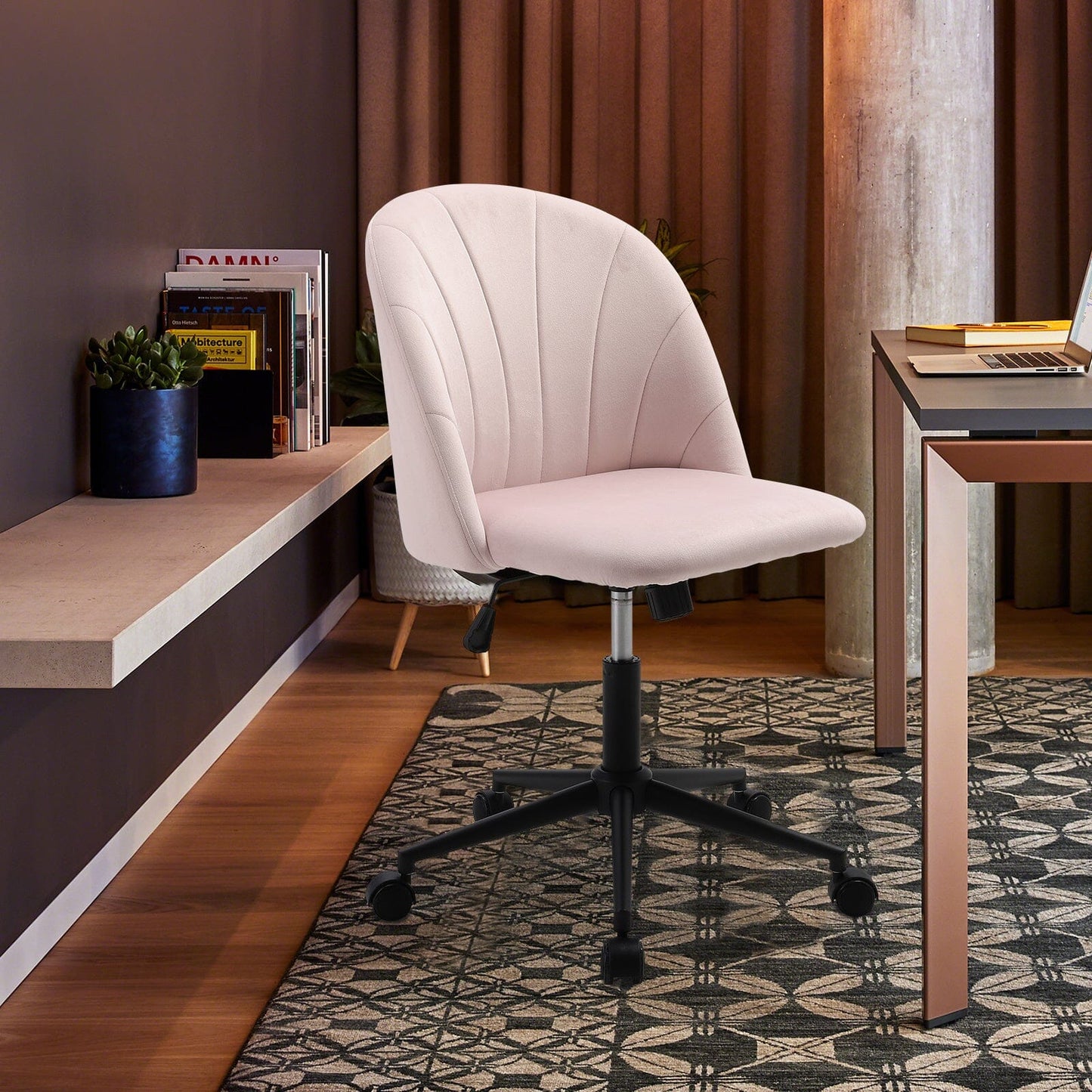 Pink Velvet Adjustable Office Chair with Rolling Wheels