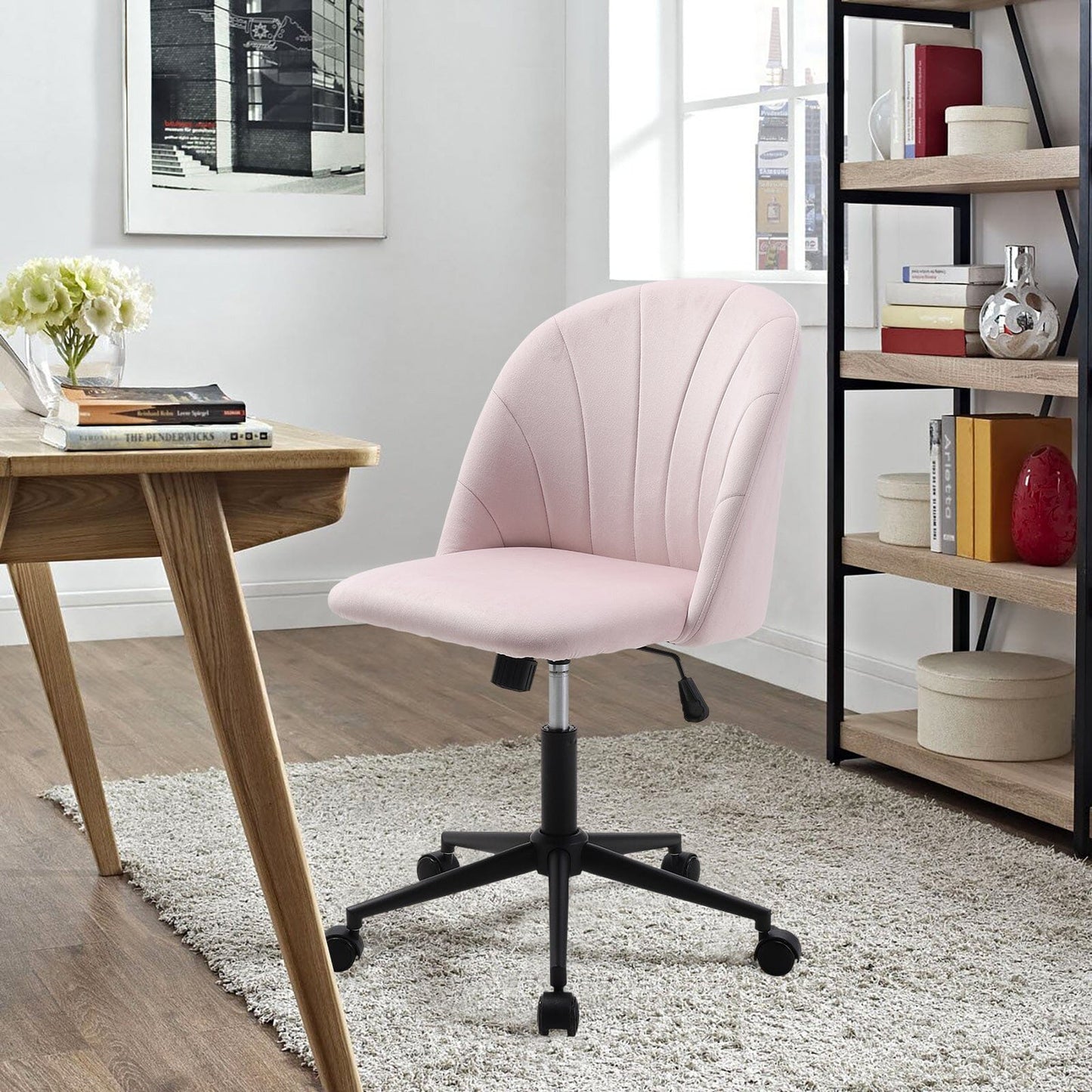Pink Velvet Adjustable Office Chair with Rolling Wheels