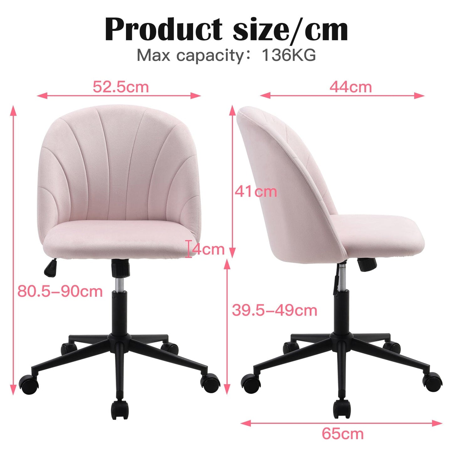Pink Velvet Adjustable Office Chair with Rolling Wheels