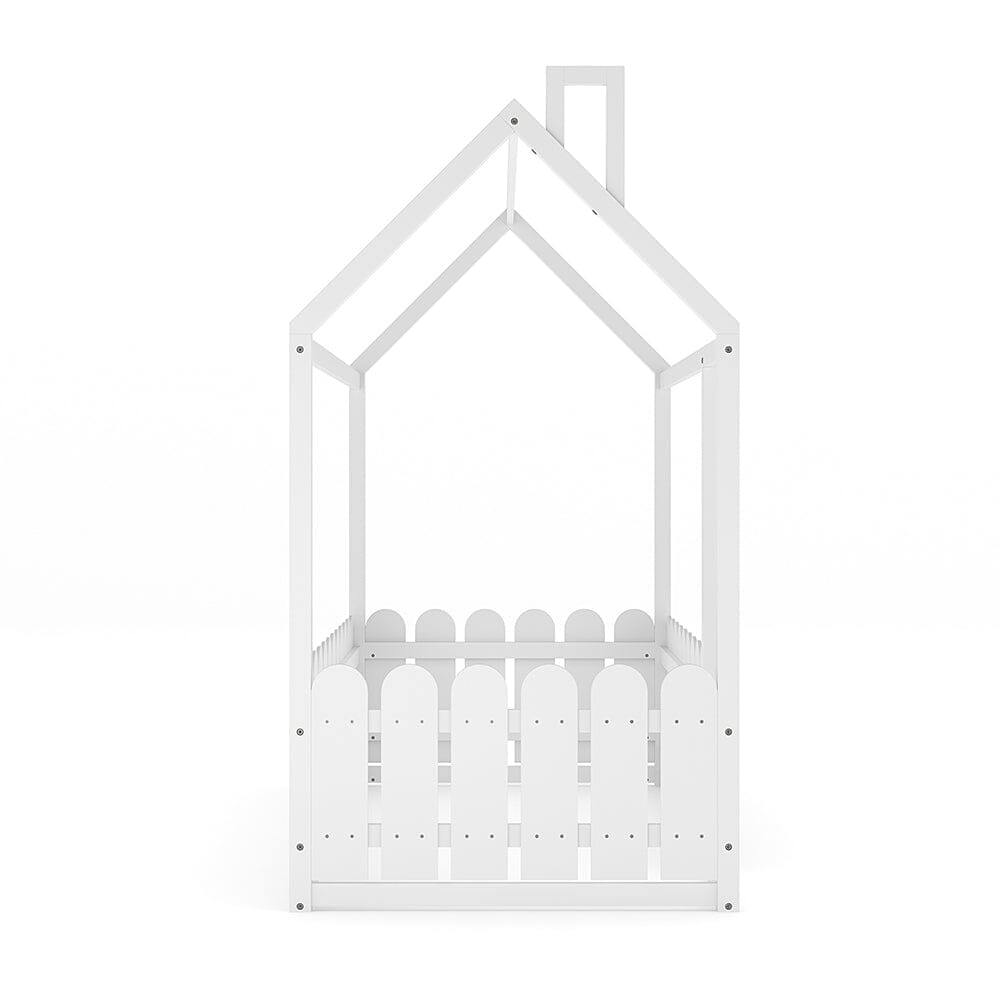 Solid Wooden House Bed Frame Low Toddler Bed with Fence and Roof