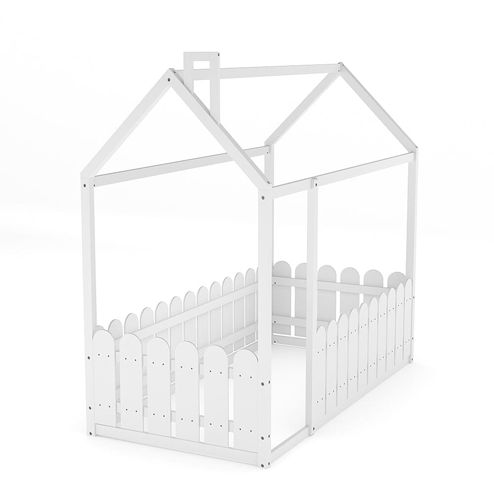 Solid Wooden House Bed Frame Low Toddler Bed with Fence and Roof
