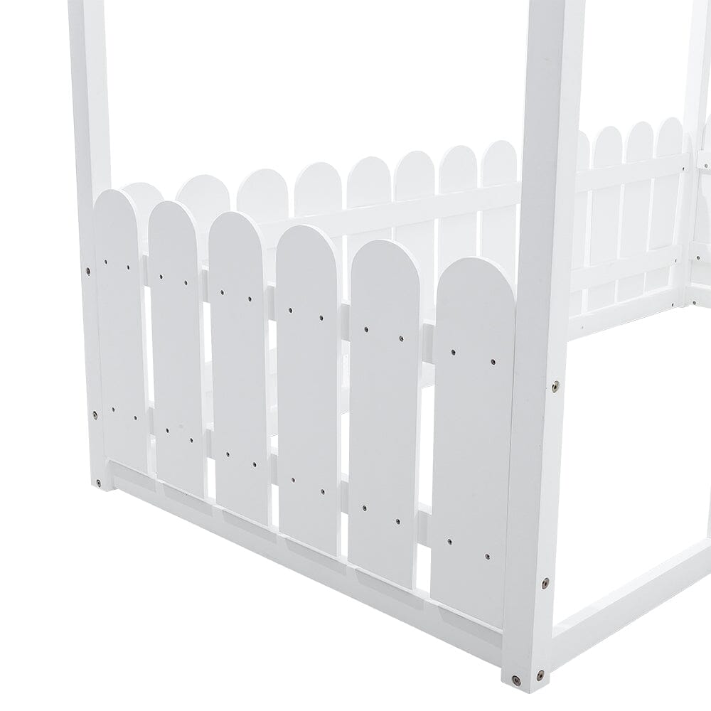 Solid Wooden House Bed Frame Low Toddler Bed with Fence and Roof