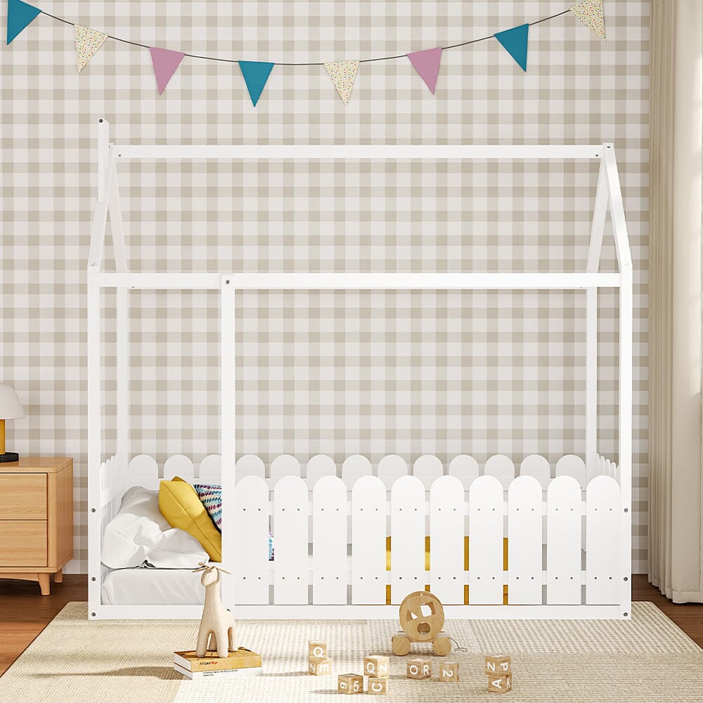 Solid Wooden House Bed Frame Low Toddler Bed with Fence and Roof