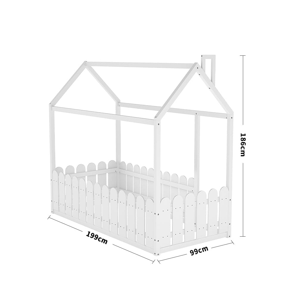 Solid Wooden House Bed Frame Low Toddler Bed with Fence and Roof
