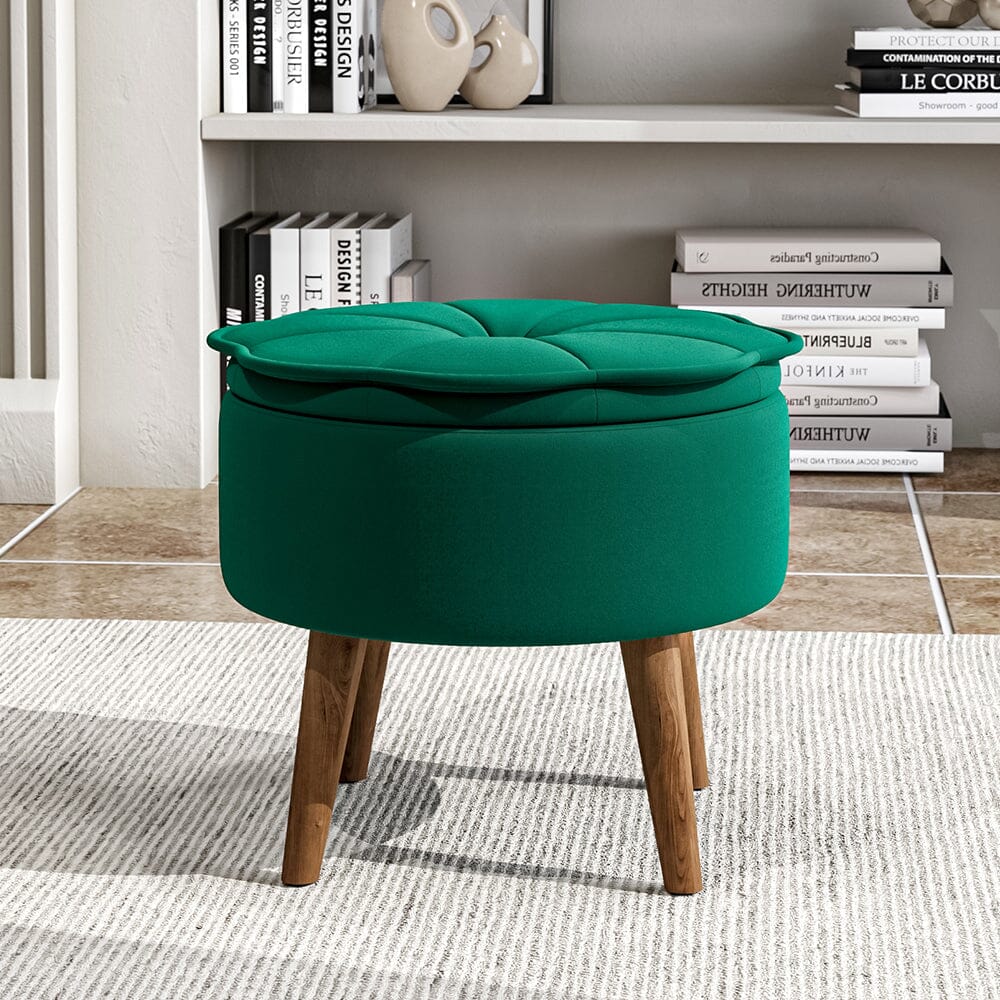 Round Petal Velvet Storage Ottoman Footstool with Lift-off Lid