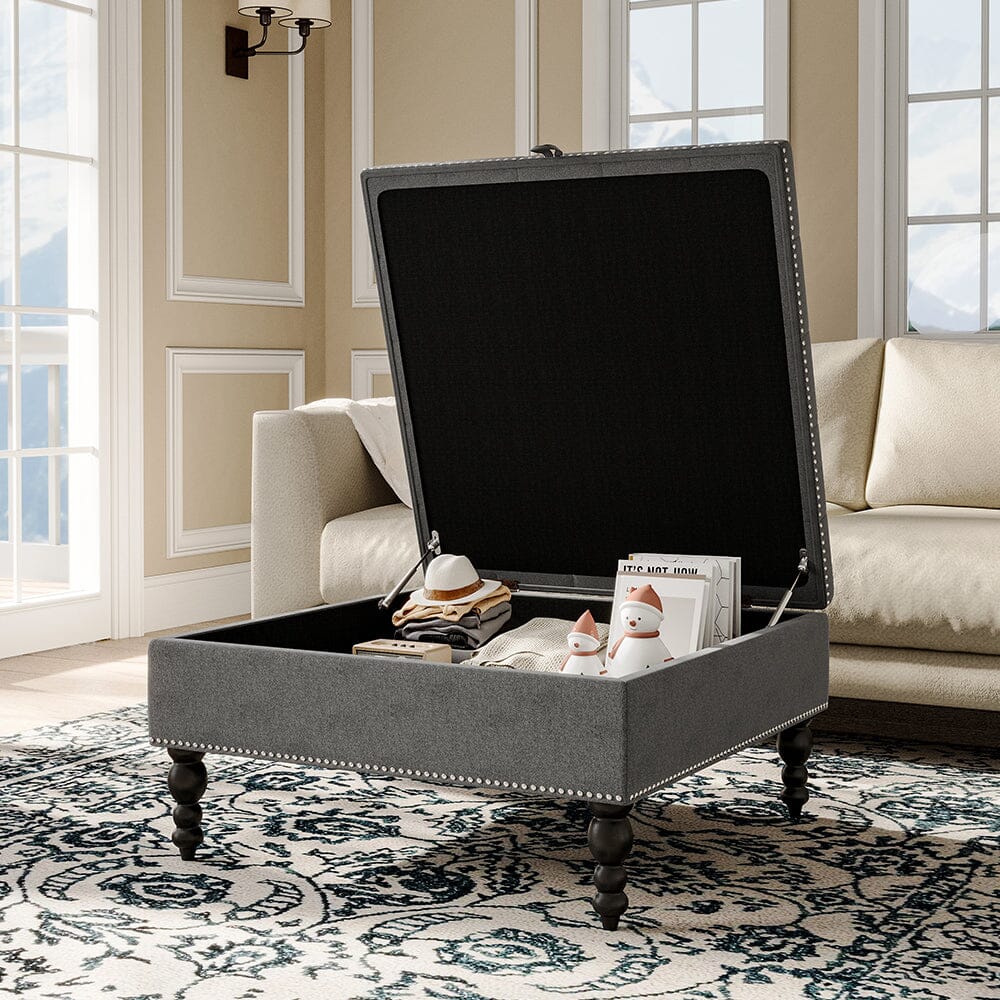 Square Linen Tufted Upholstered Ottoman with Storage