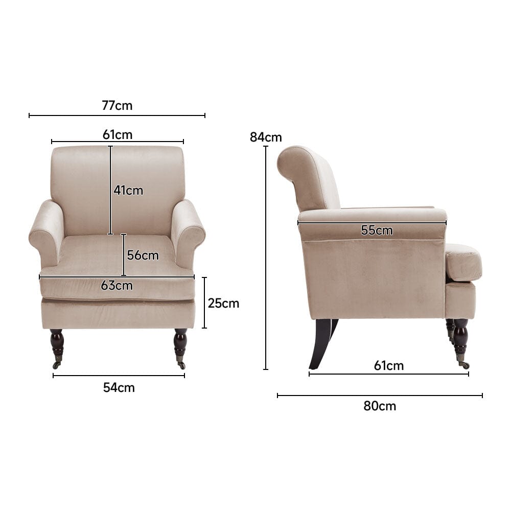 Contemporary Velvet upholstered Armchair with Casters