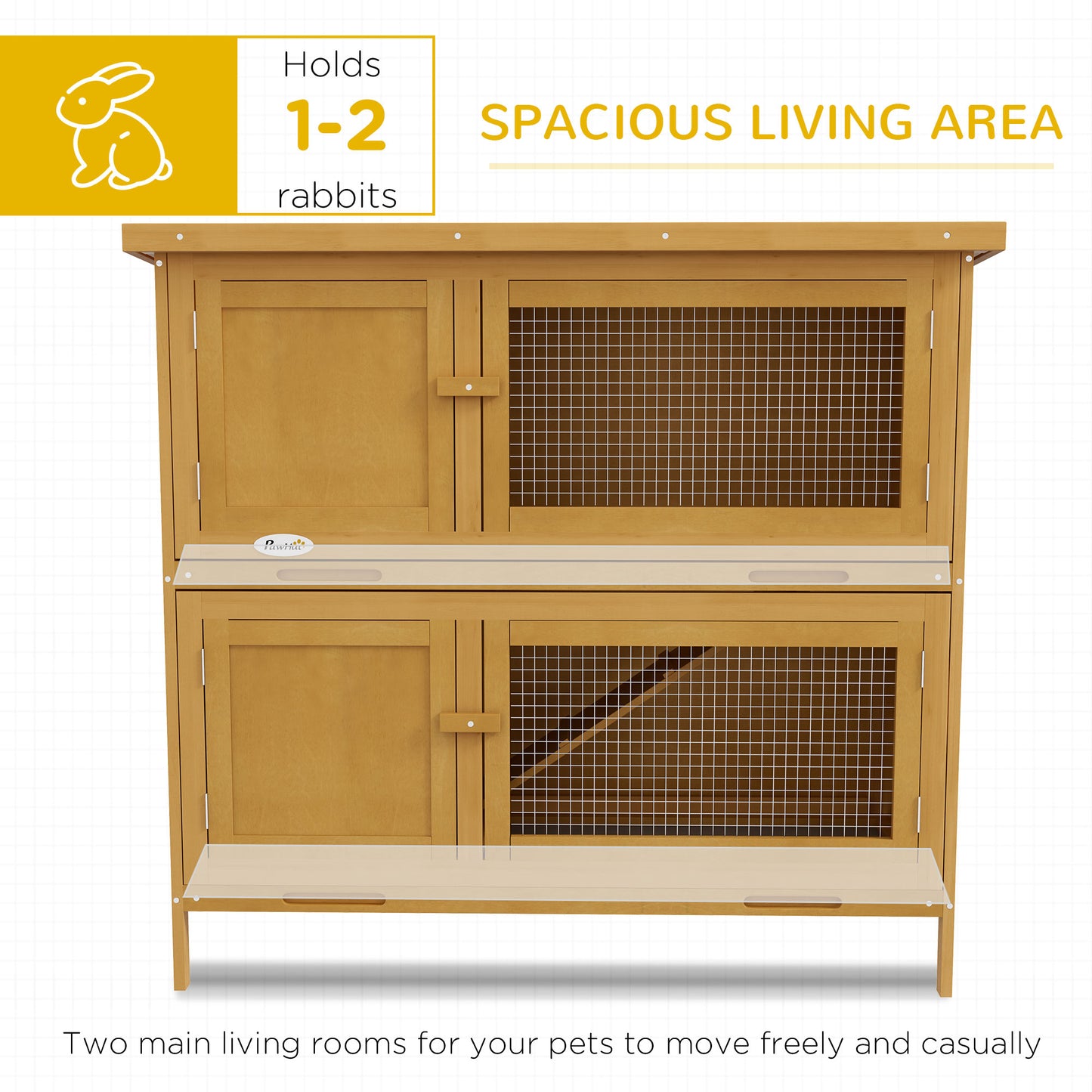 PawHut Double Decker Rabbit Hutch 2 Tier Guinea Pig House Klatka zewnętrzna dla królików z wysuwaną tacką, 97 x 44 x 91 cm, żółta