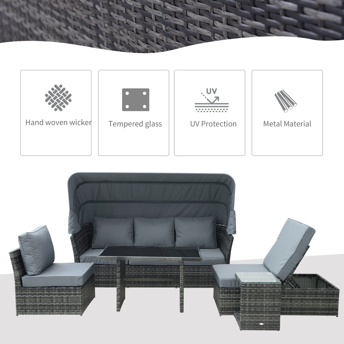 Outsunny 5-częściowy zestaw ogrodowy z rattanu i wikliny, rozkładana sofa, regulowany baldachim i stolik boczny, zestaw stołowy, meble do rozmów narożnych z poduszkami, mieszany szary
