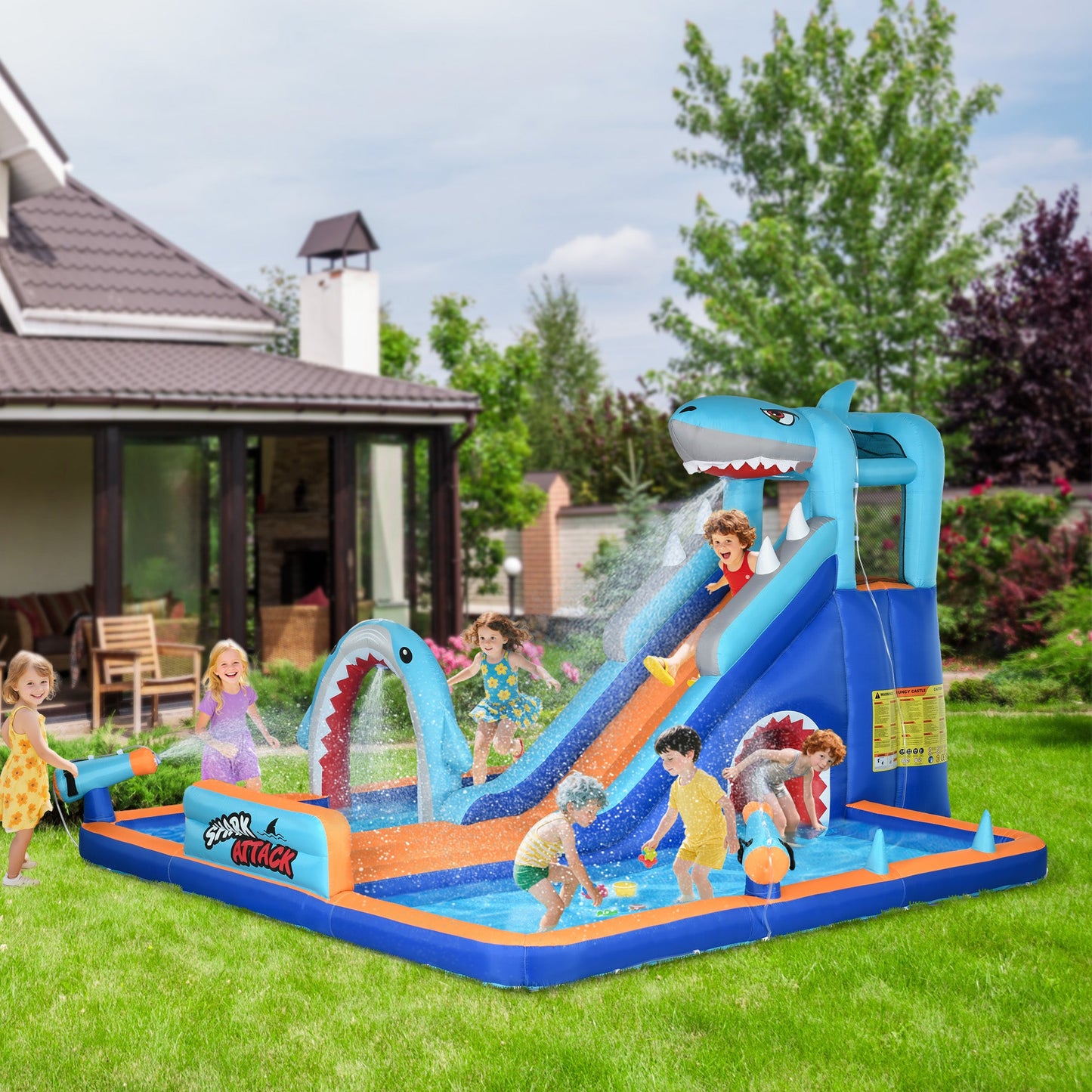 Outsunny 6 w 1 dmuchany zamek z motywem rekina, nadmuchiwany park wodny, ze zjeżdżalnią, basenem, trampoliną, dmuchawą, dla dzieci w wieku od 3 do 8 lat