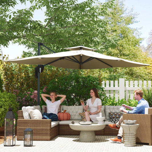 Outsunny 3.7 x 2.7 m Cantilever Parasol w/360 Rotation and Easy Tilt Adjustment, Aluminium Hanging Offset Outdoor Umbrella w/Double Top, Cross Base, UPF50+ Hanging Sun Shade, Grey Wood Effect Pole