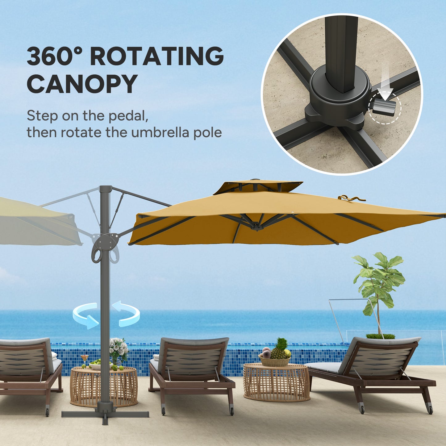 Parasol ogrodowy Outsunny, 3 m, wspornikowy, z mechanizmem hydraulicznym, góra z podwójnym otworem wentylacyjnym, 8 żeber, podstawa krzyżowa, kolor khaki