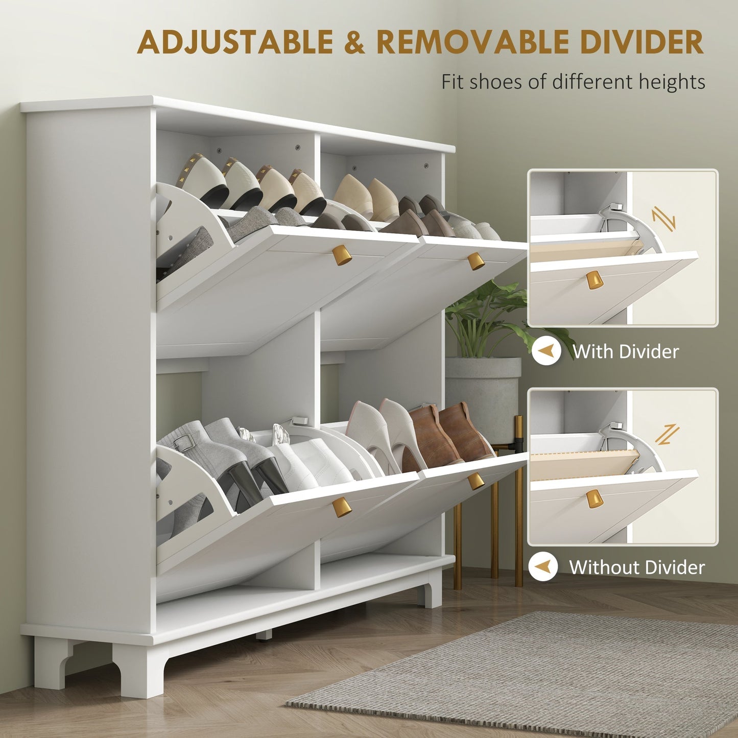 HOMCOM Narrow Shoe Storage Cabinet, Slim Shoe Cabinet with 4 Flip Drawers, Adjustable Shelves for 16 Pairs of Shoes, White