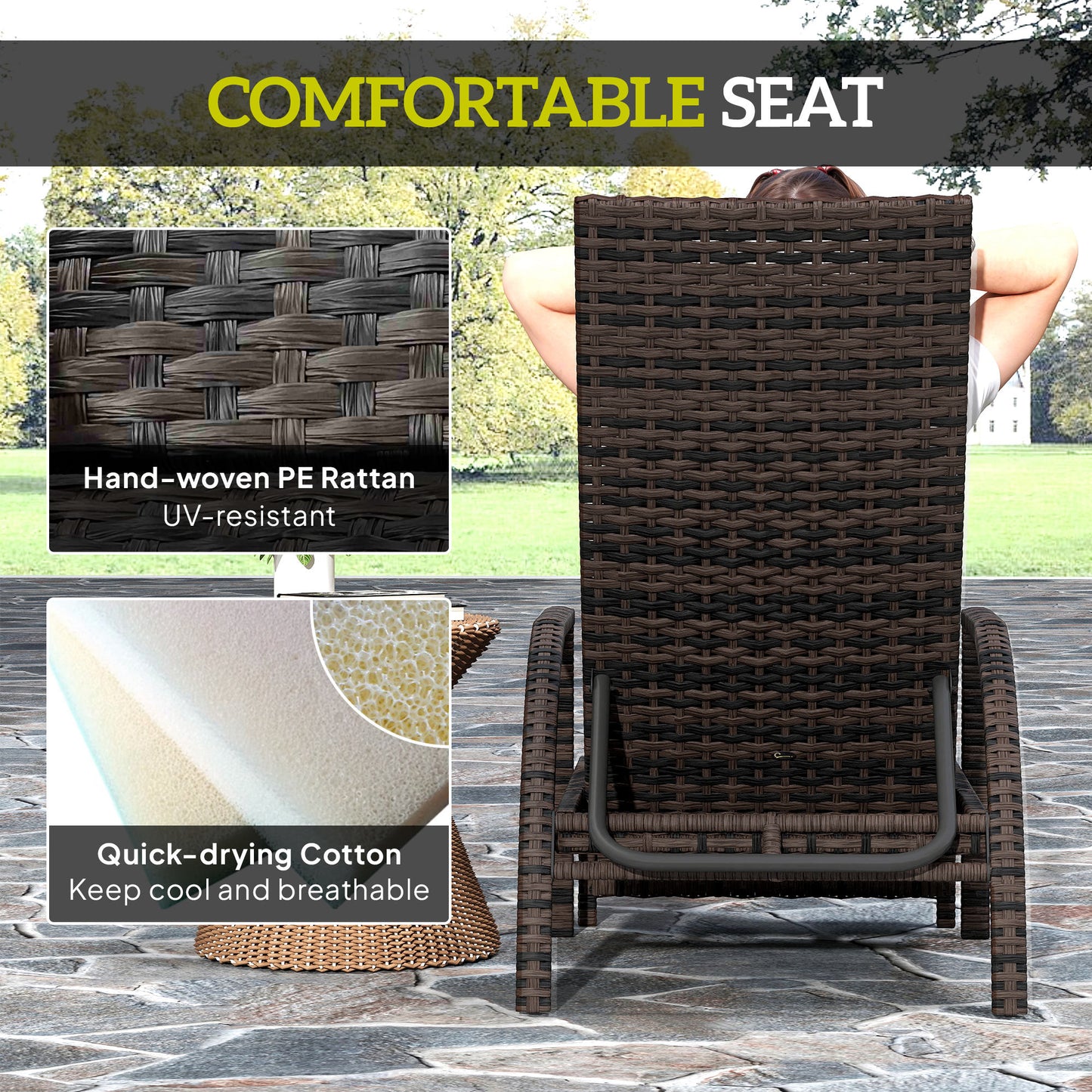 Leżanka Outsunny Reclining Rattan z rozkładanym podnóżkiem - brązowa