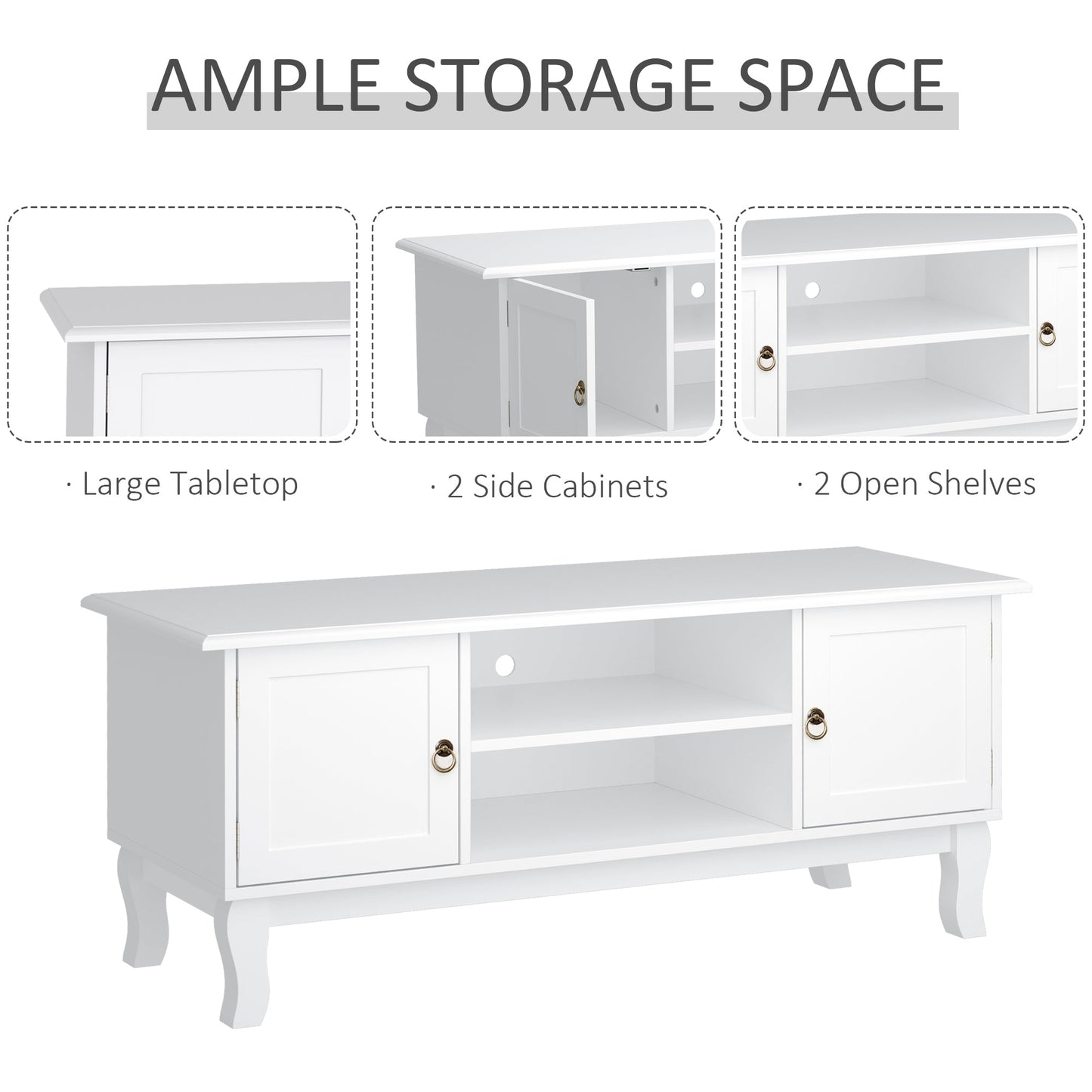 HOMCOM TV Unit up to 55", 2 Doors TV Cabinet with Open Storage Shelves and Cable Management for Living Room, Bedroom, Entertainment Room, 120L x 45W x 50.5H, White