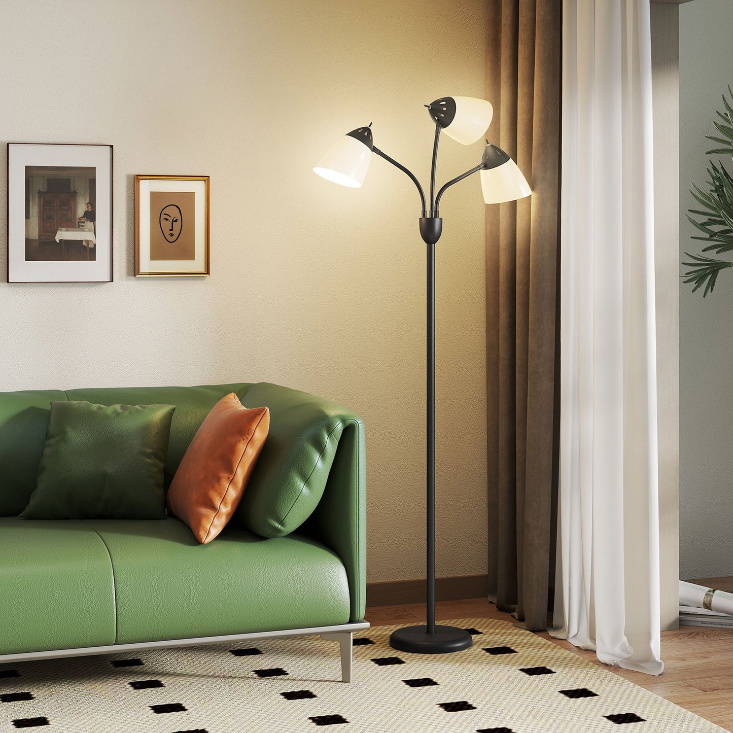 Lampa stojąca HOMCOM Arc Tree z 3 regulowanymi, obrotowymi światłami, do sypialni i salonu, industrialna lampa stojąca ze stalową ramą, 155 cm, czarna