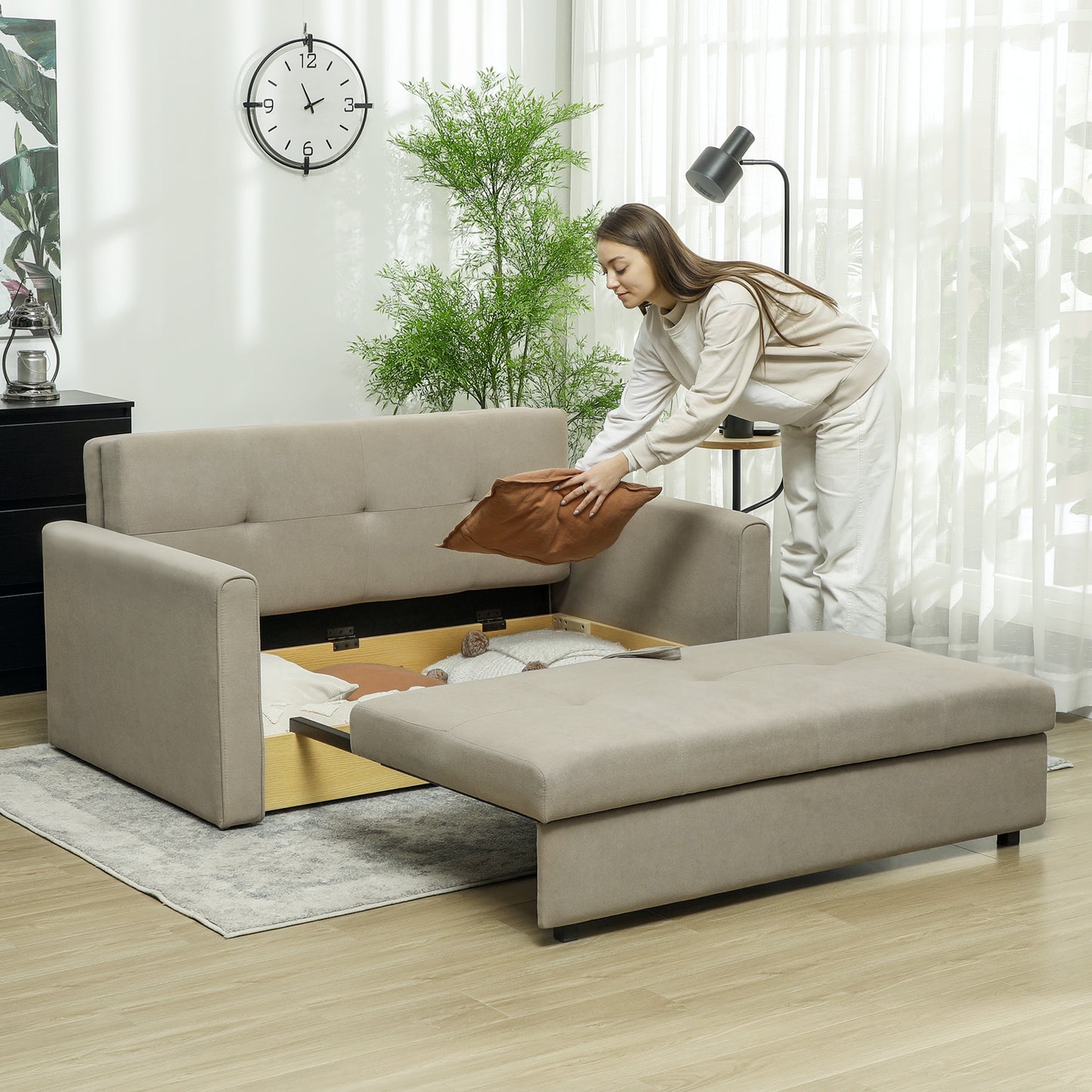 HOMCOM 2 Seater Sofa Bed, Convertible Bed Settee, Modern Velvet Loveseat Sofa Couch with 2 Cushions, Hidden Storage for Living Room, Guest Room, Light Brown