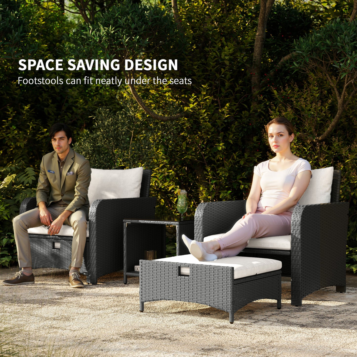 Zestaw mebli ogrodowych Outsunny Five Piece Rattan z 2-poziomowym stolikiem kawowym i pufami - kremowo-biały
