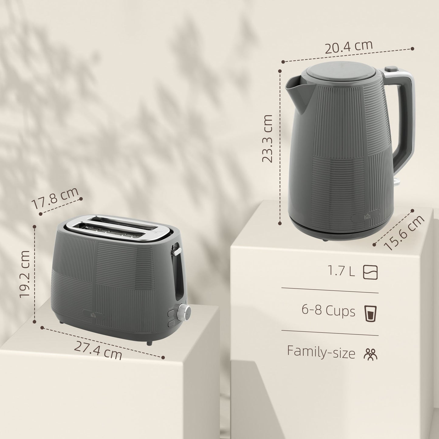 Zestaw czajnika i tostera HOMCOM, czajnik 1,7 l 3000 W do szybkiego gotowania i toster na 2 kromki, zestaw kuchenny z 7-stopniową kontrolą opiekania, rozmrażaniem, podgrzewaniem, zabezpieczeniem przed gotowaniem na sucho, szary