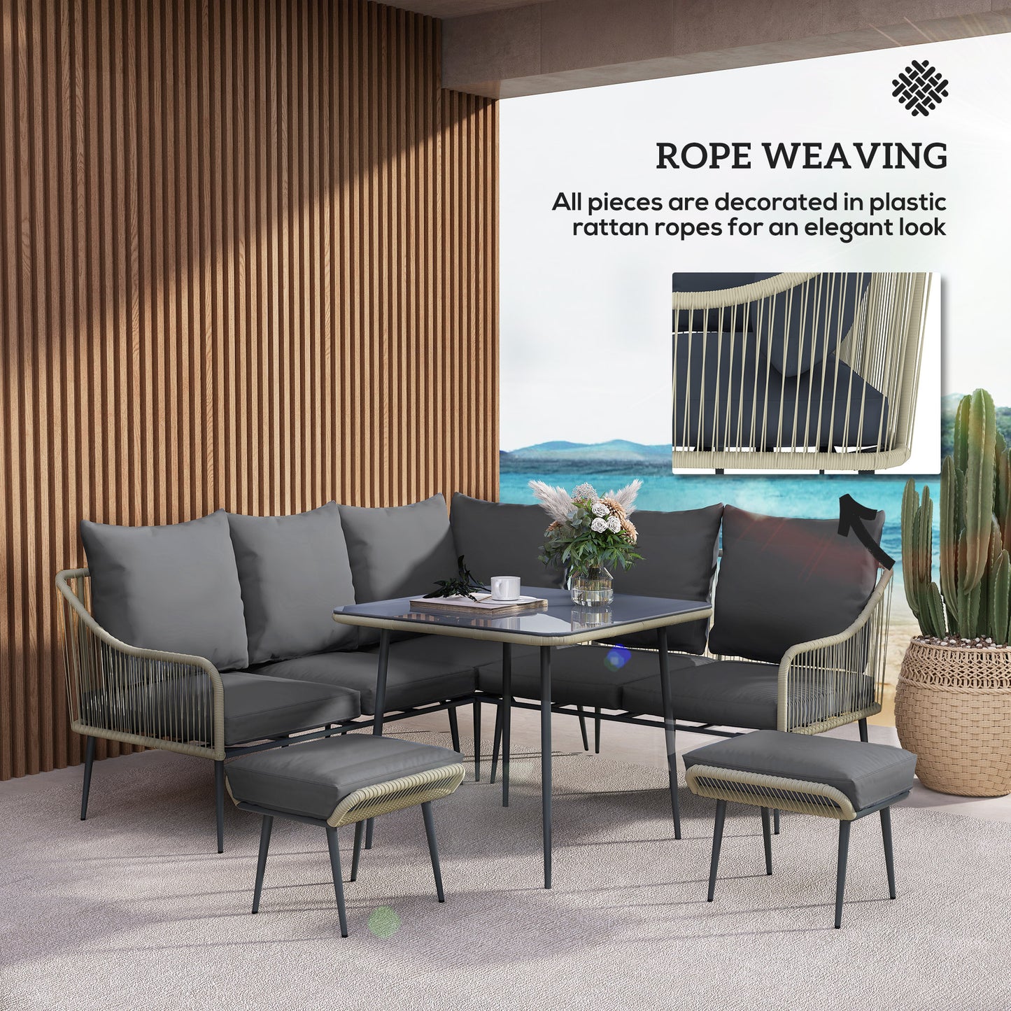 Outsunny Six-Piece Rattan Strong Garden Sofa Set - Grey