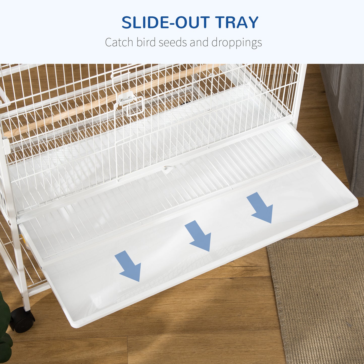 PawHut Duża klatka dla ptaków Budgie Cage dla Finch Kanarki Papużki z ruchomym stojakiem, wysuwaną tacą, półką do przechowywania, pojemnikami na żywność, biała