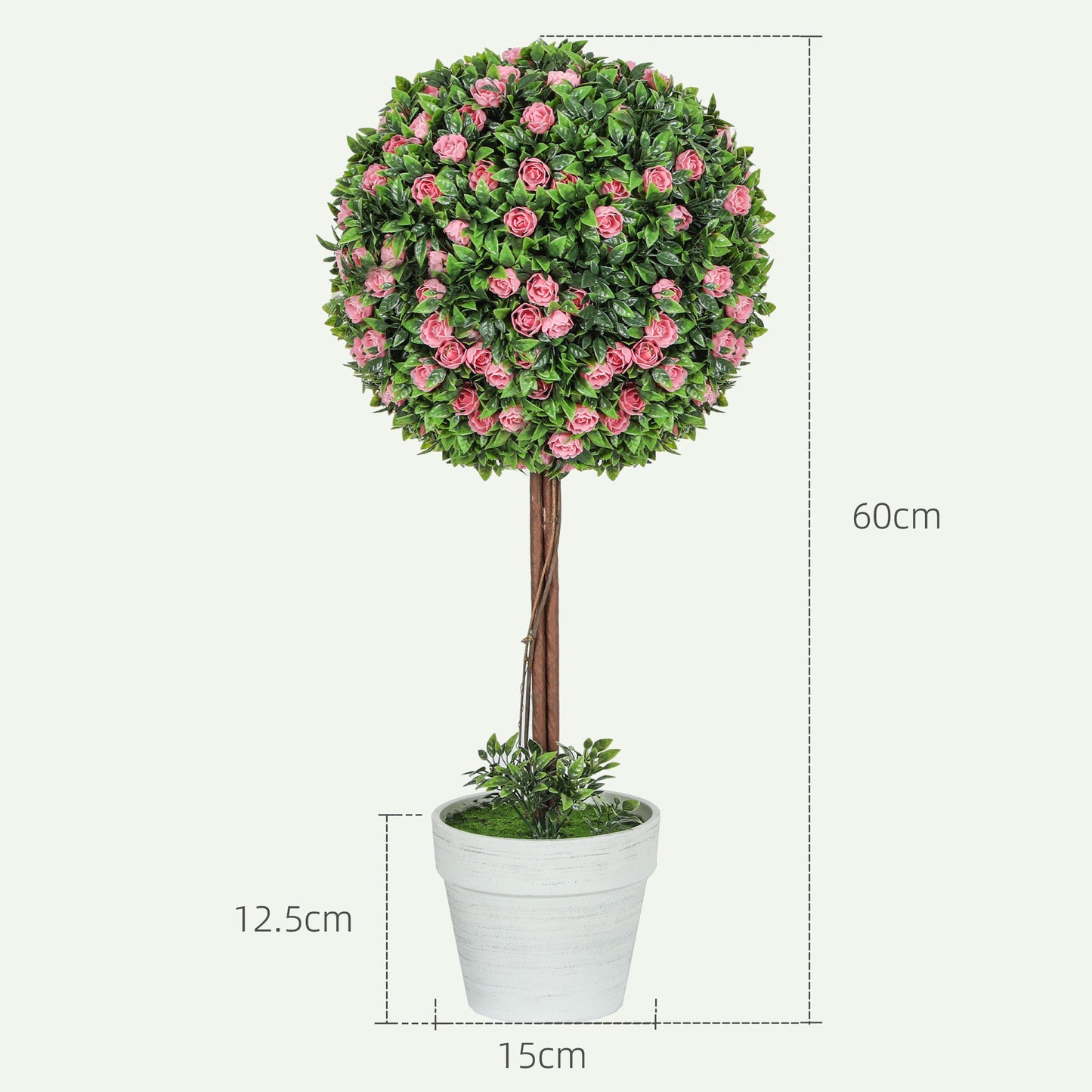 HOMCOM Zestaw 2 dekoracyjnych sztucznych roślin, drzewo kulkowe z kwiatem róży w doniczce, sztuczne rośliny do dekoracji wnętrz i na zewnątrz, 60 cm, różowy