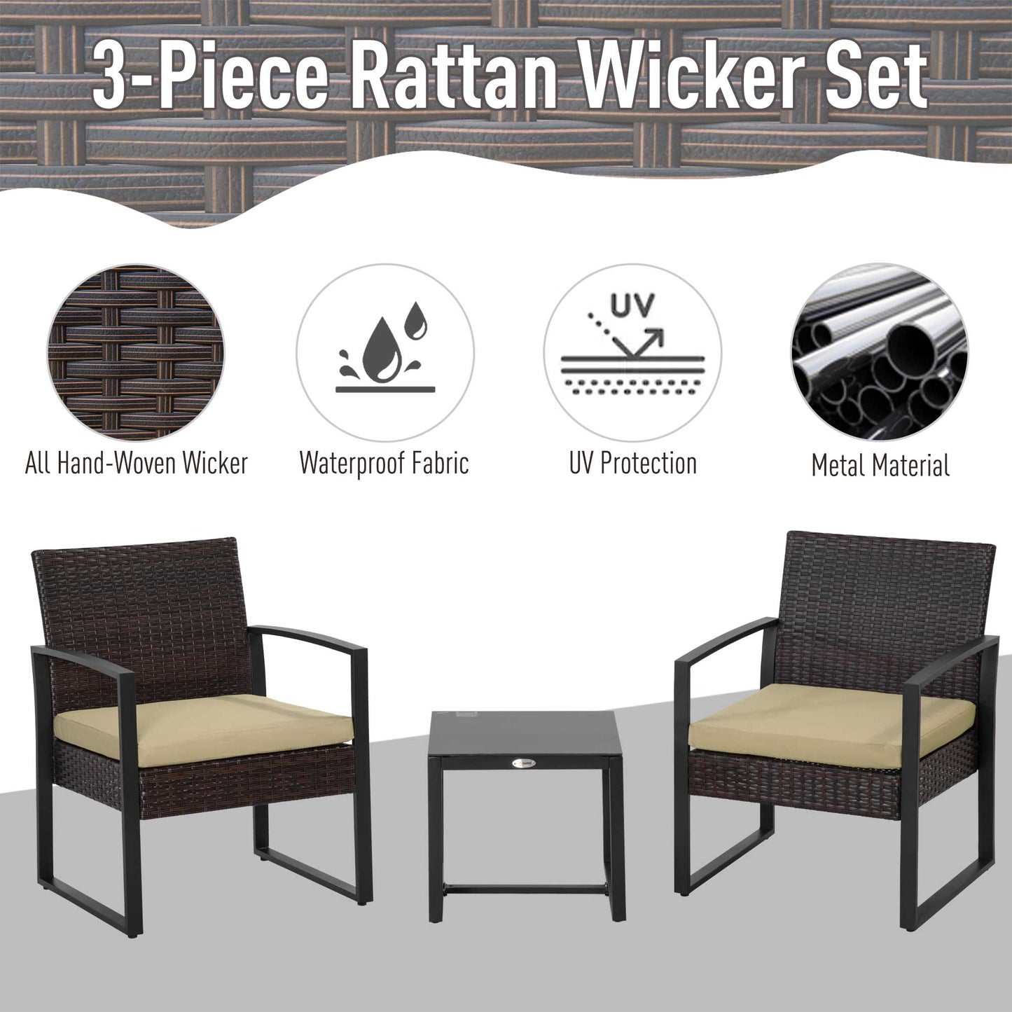 Outsunny 3 szt. PE Rattan Wiklina Meble ogrodowe Patio Bistro Zestaw Weave Conservatory Sofa Stolik kawowy i krzesła Zestaw beżowy