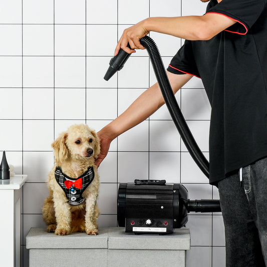 PawHut Dog Hair Dryer Pet Grooming Blaster Dryer Blower Adjustable Temperature Speed with 2.1M Flexible Hose 3 Nozzles - Black