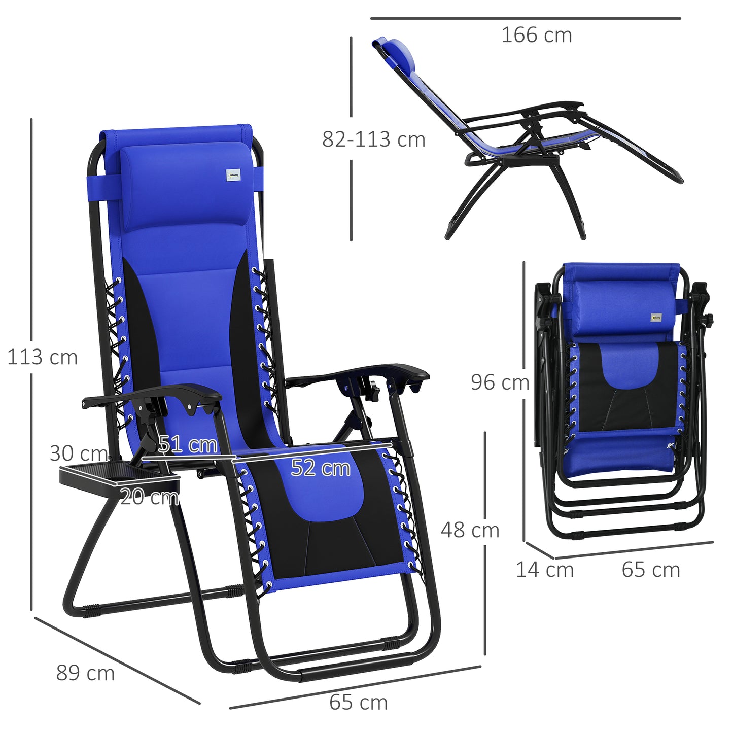 Outsunny Zero Gravity Lounger Chair, składany rozkładany fotel ogrodowy z wyściełanym siedziskiem, uchwytem na kubek, miękką poduszką i zagłówkiem do użytku przy basenie, kempingowy, niebieski