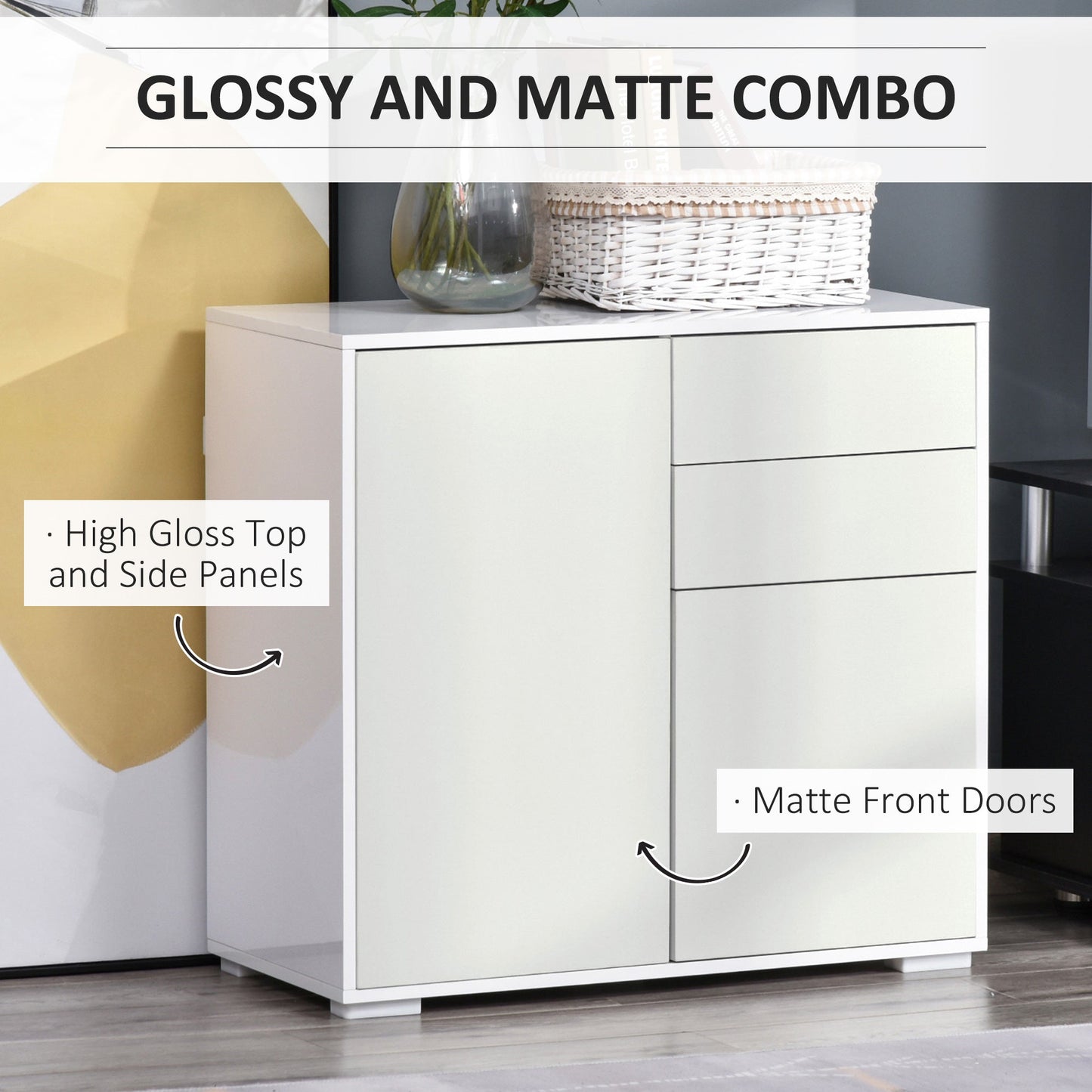 HOMCOM High Gloss Frame Sideboard, Push-Open Design with 2 Drawer for Living Room, Bedroom, 74H x 79W x 36Dcm, White