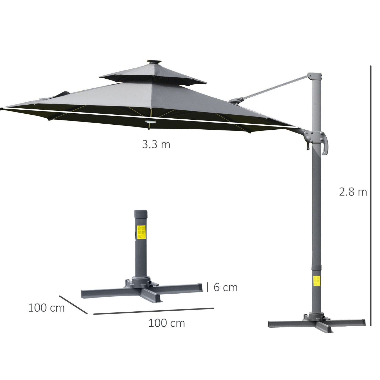 Outsunny 3m Cantilever Parasol w/ Solar Lights Power Bank Base 360¡ Spin Dark Grey