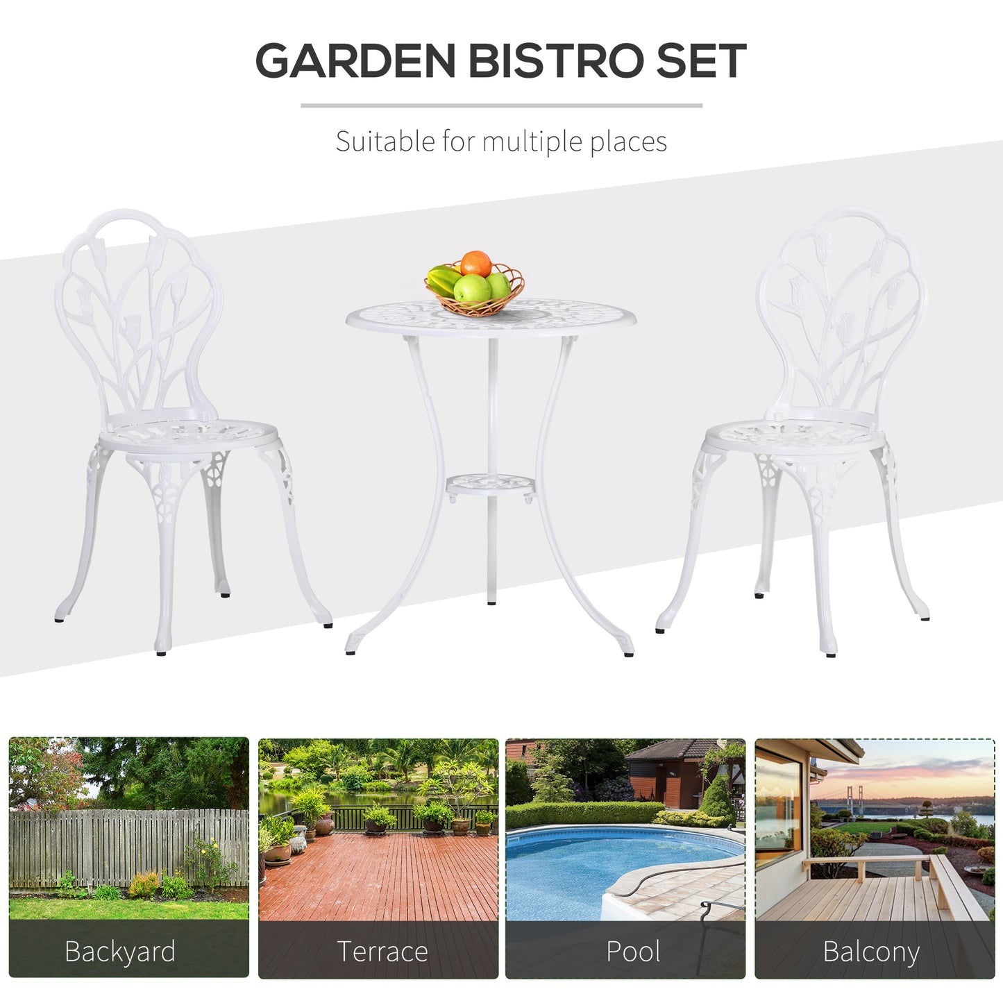 Zestaw ogrodowy Outsunny Patio Bistro dla 2 osób, 3-częściowy, aluminiowy stół ogrodowy i krzesła z otworem na parasol na balkon, biały