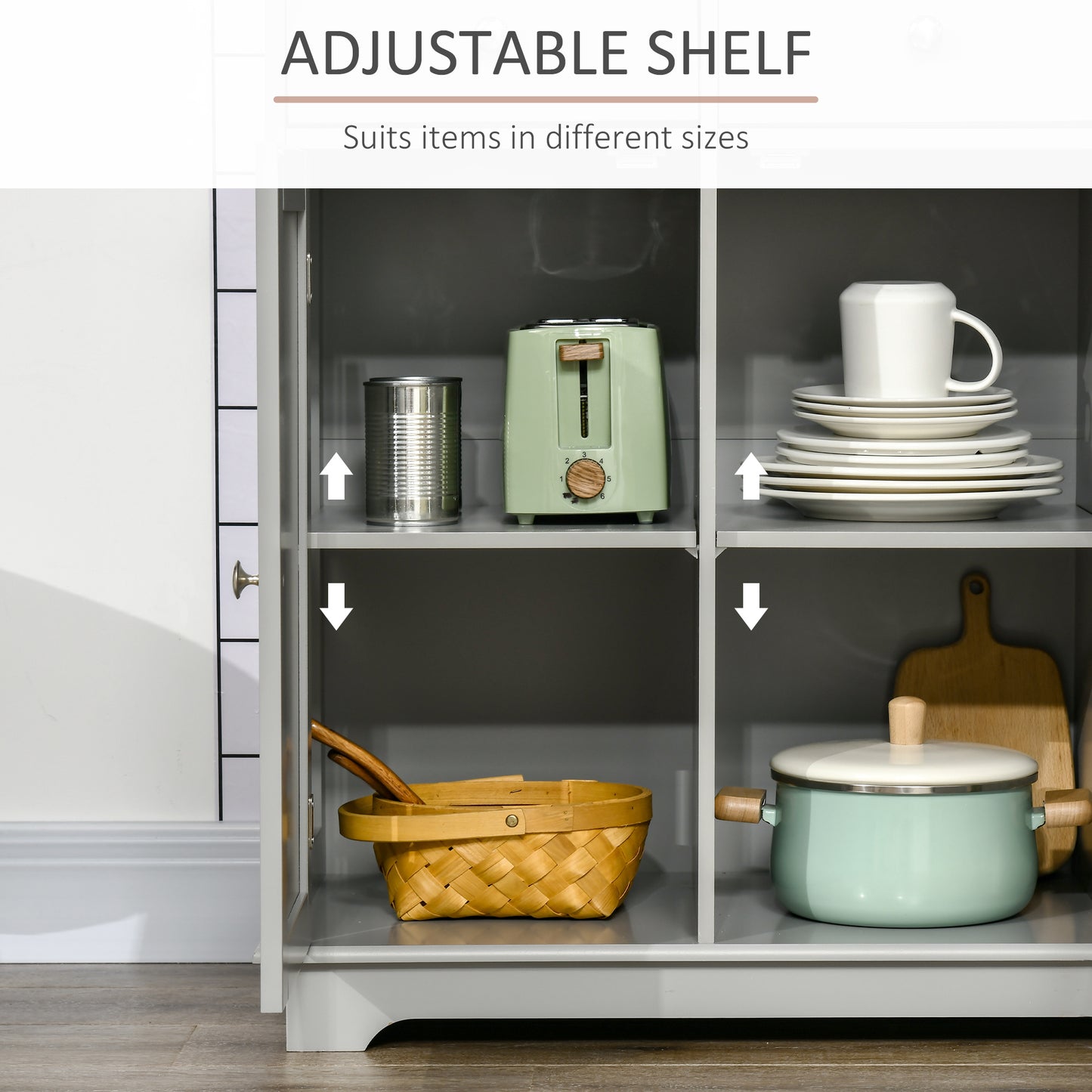 HOMCOM Sideboard with Rubberwood Top and Adjustable Shelves for Dining Room, Kitchen - Grey