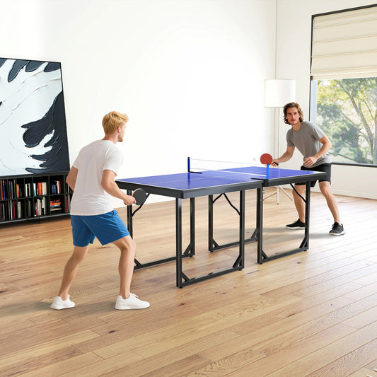 HOMCOM 6ft Table Tennis Table, Ping Pong Table with Net, Foldable and Portable Ping Pong Set for Indoor Outdoor Use, Easy Assemble, Midsize, Blue