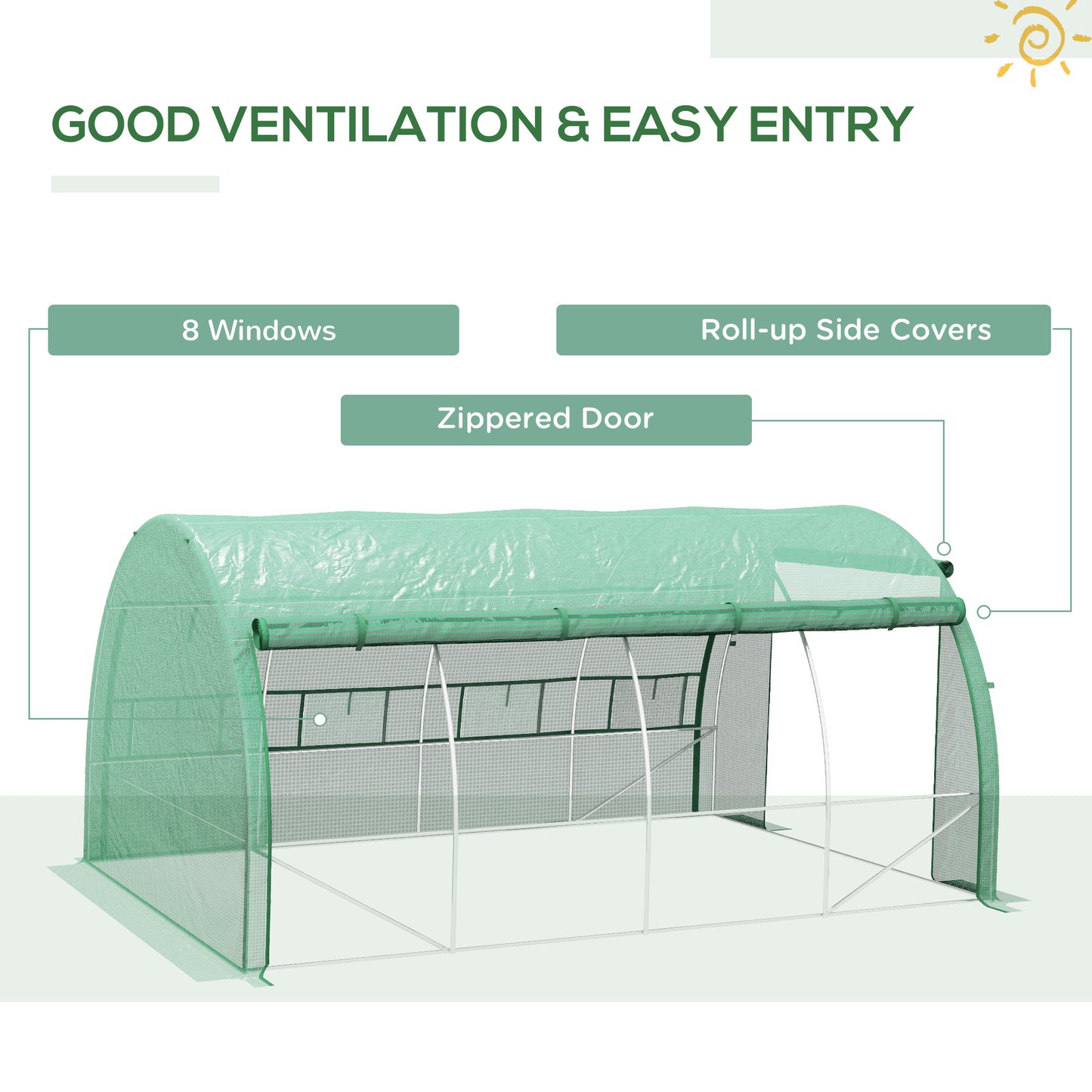 Outsunny Polytunnel Greenhouse Walk-in Grow House Tent z rolowanymi ścianami bocznymi, drzwiami zamykanymi na zamek błyskawiczny i 8 oknami, 4x3x2m, zielony