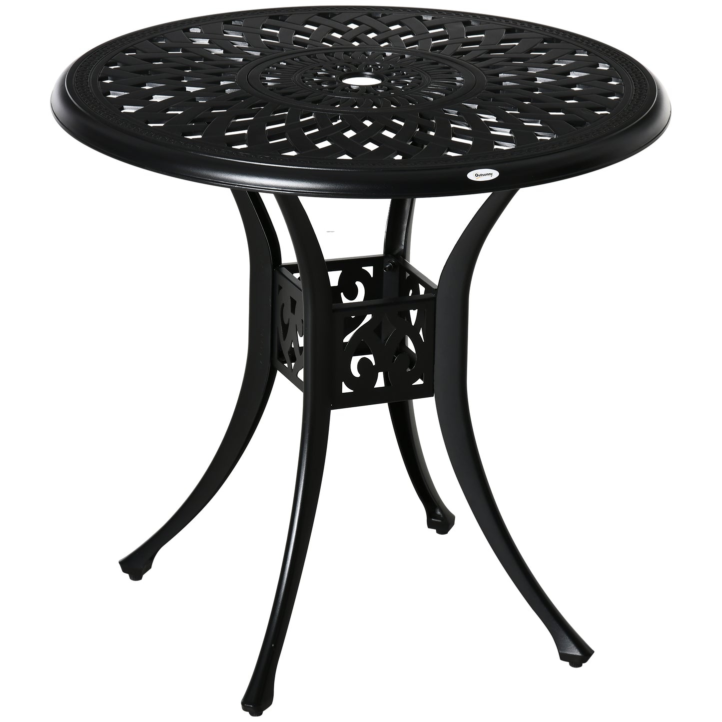 Outsunny 78 cm Okrągły Stół Ogrodowy Jadalny z Otworem na Parasol Antyczny Odlew Aluminiowy Tylko Stół Zewnętrzny, Czarny