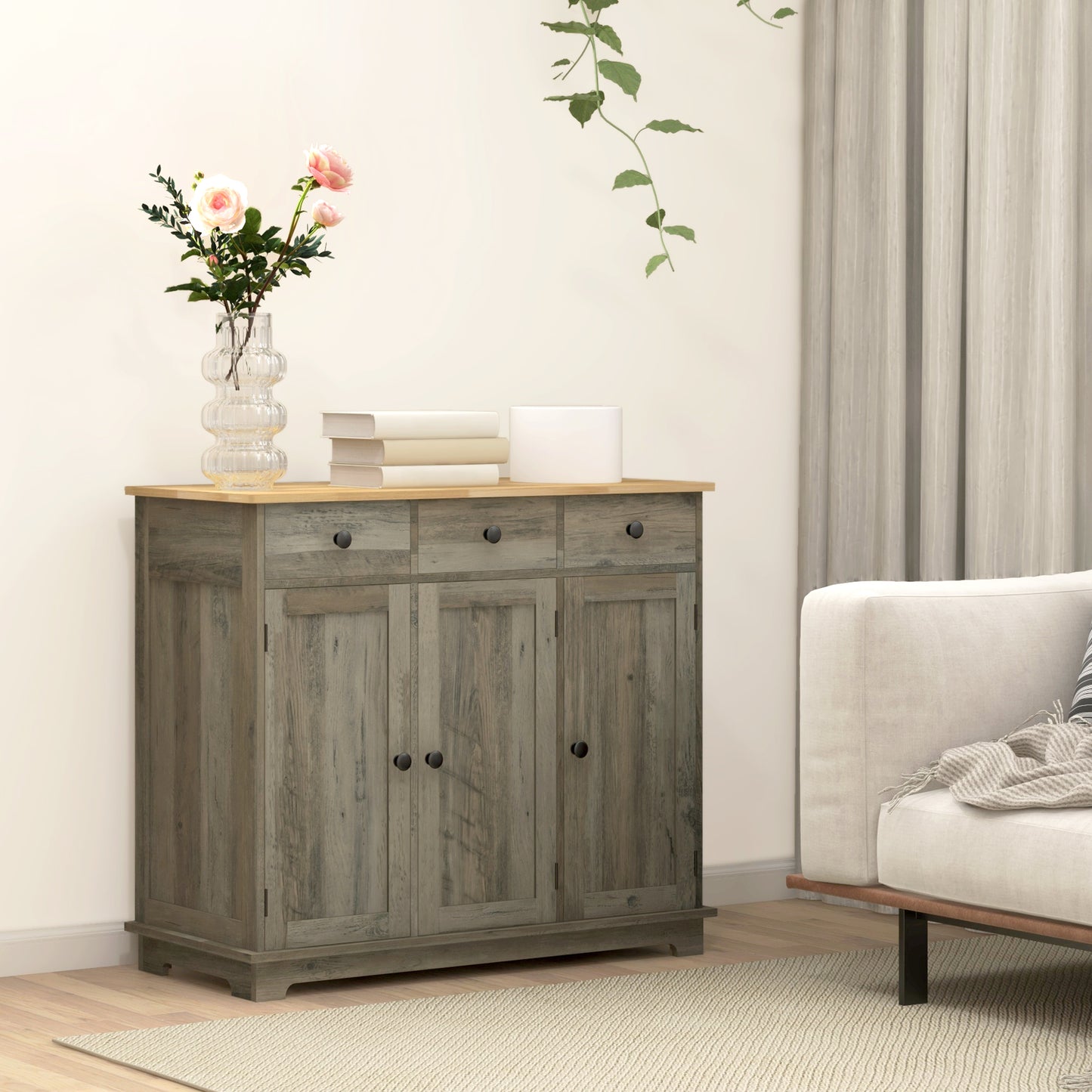 HOMCOM Sideboard with Rubber Wood Top, Modern Storage Cabinet, Kitchen Cupboard with 3 Doors, 3 Drawers and 3 Adjustable Shelves for Dining Room, Living Room, Grey Wood-Effect
