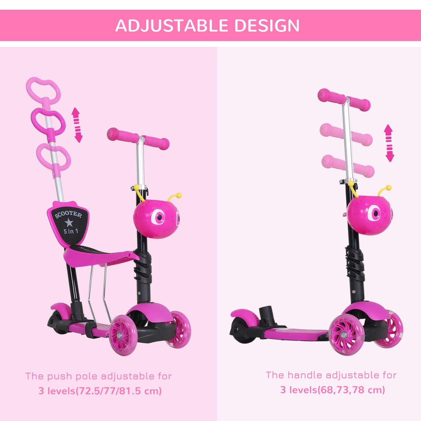 HOMCOM 5 in1 Kids Scooter 3 Wheel Toddler scooter Kick Scooter with Adjustable Handlebar, Removable Seat & Back Rest for 18 Month+, Pink
