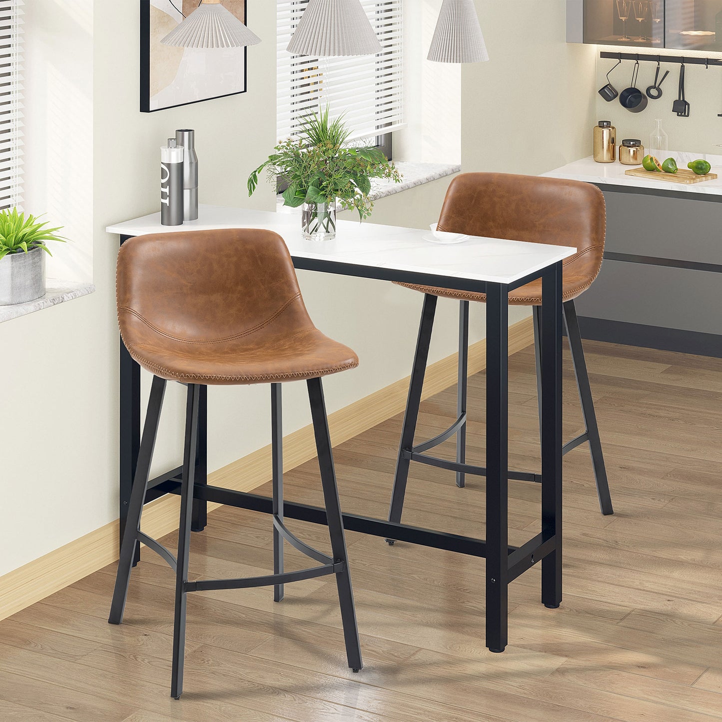 HOMCOM Bar Stools Set of 2, Industrial Kitchen Stool, Upholstered Bar Chairs with Back, Steel Legs, Brown