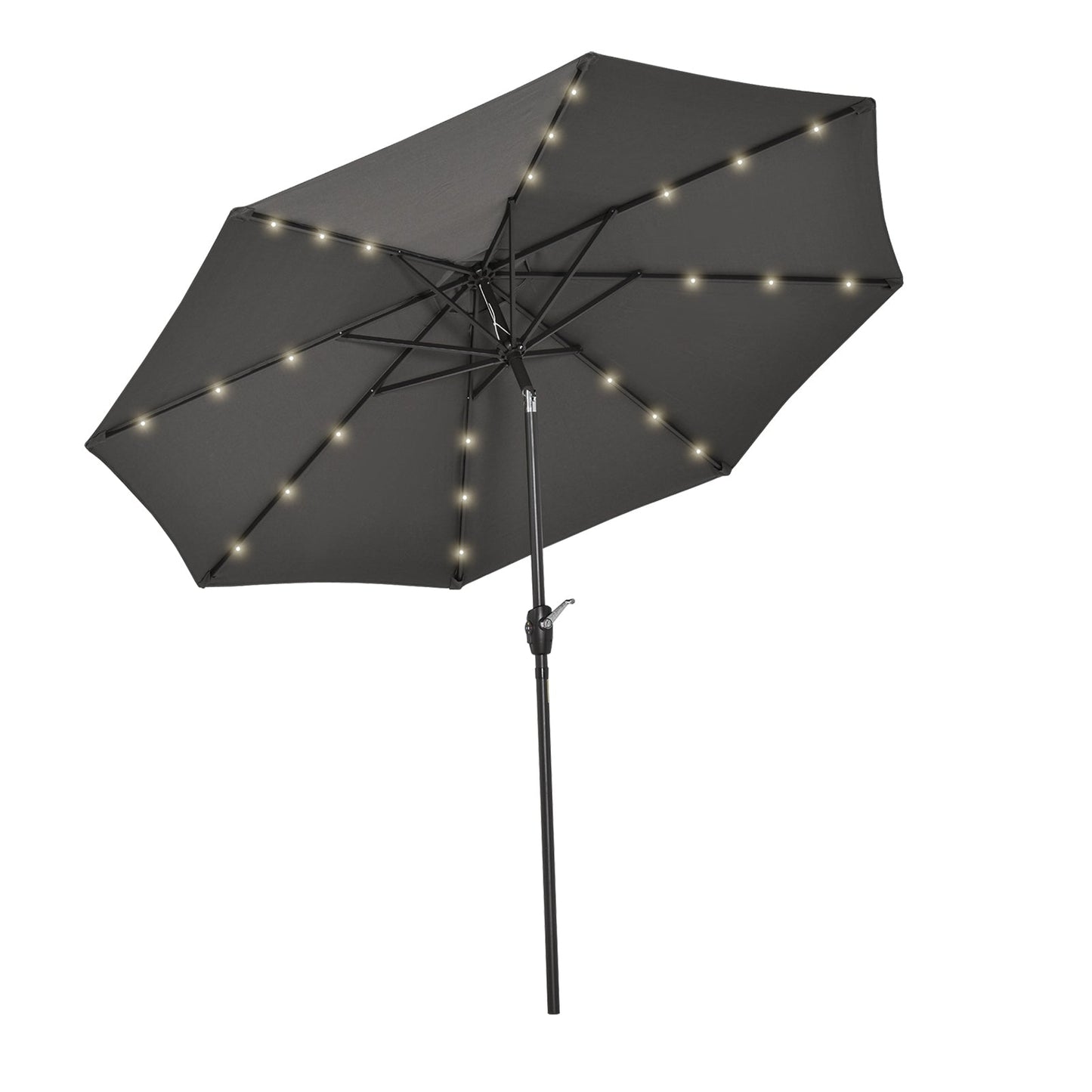 Outsunny 2,7 m Parasol ogrodowy z 24 diodami LED, solarny, uchylny, na patio, klubowy, imprezowy, z korbą i 8 żebrami, szary