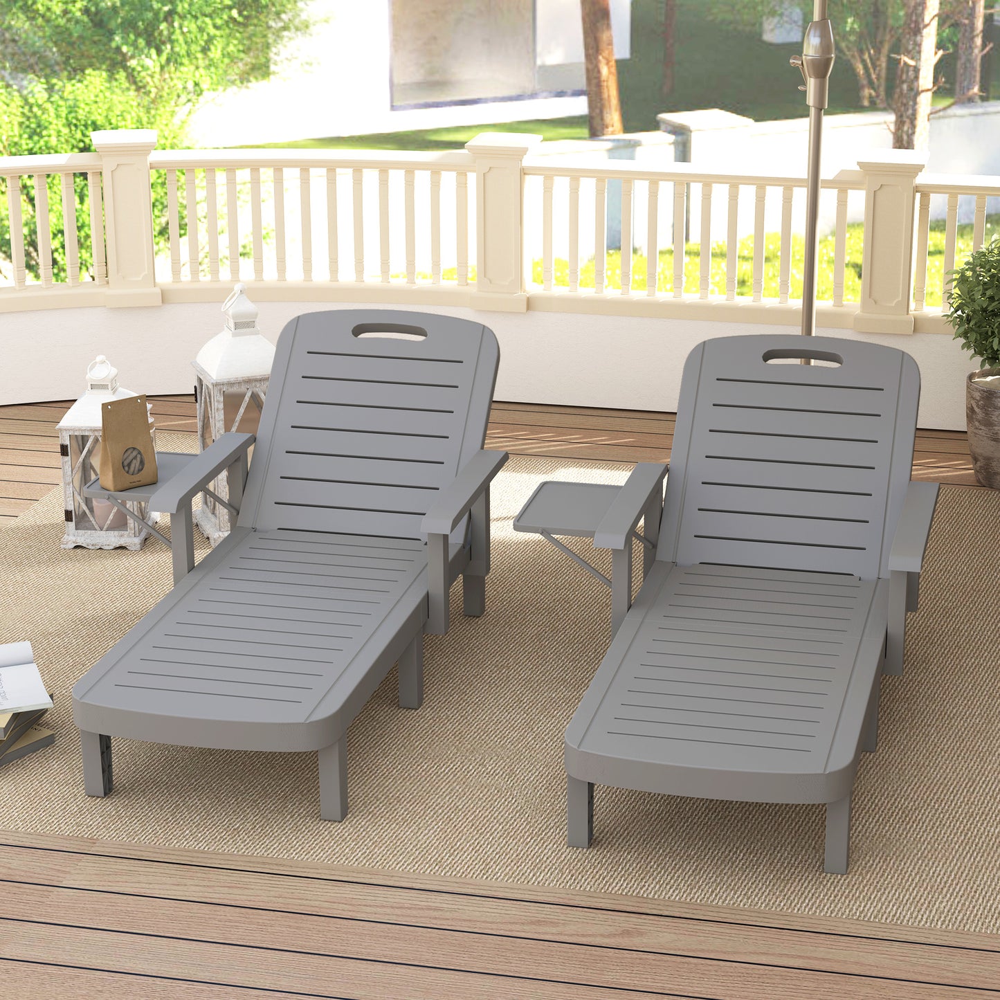 Outsunny Set of 2 Resin Reclining Sun Loungers for Garden, 5 Positions Adjustable Outdoor Chaise Lounge Chairs with Wood Texture Surface, Armrests, Foldable Side Table for Garden, Beach, Dark Grey