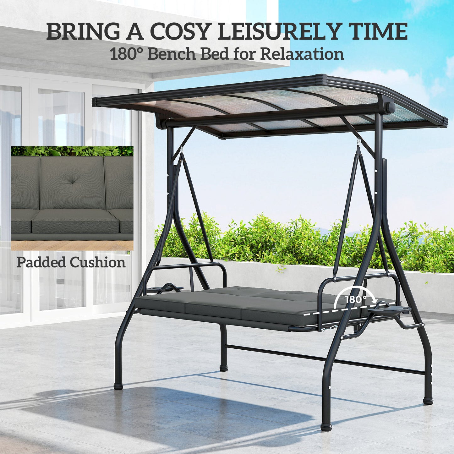 Outsunny Convertible Three-Seater Swing Bench Bed - Ciemnoszary