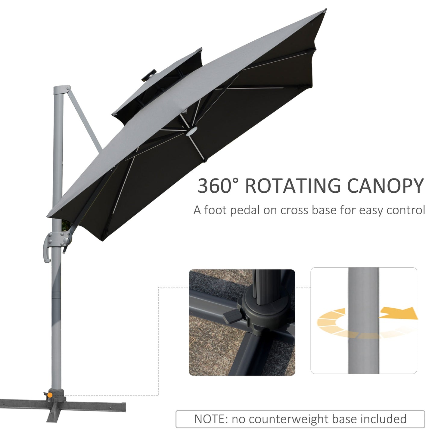 Parasol ogrodowy Outsunny 3 m Cantilever, z bocznym mocowaniem, z oświetleniem LED zasilanym energią słoneczną, z uchwytem odchylanym i korbą, z podstawą krzyżową, do stosowania na trawniku, plaży i przy basenie, w kolorze szarym