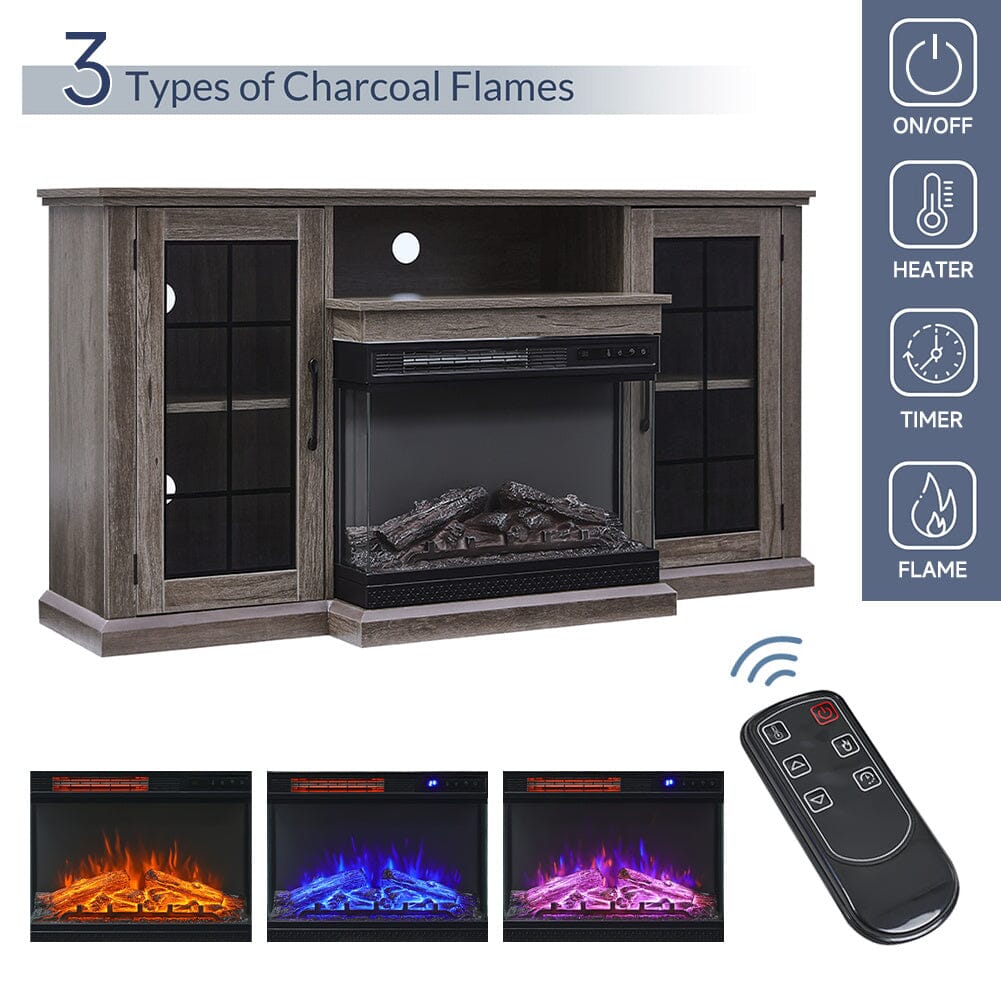 Smallbee 3-Sided Fireplace TV Stand Wood With Glass Door Storage